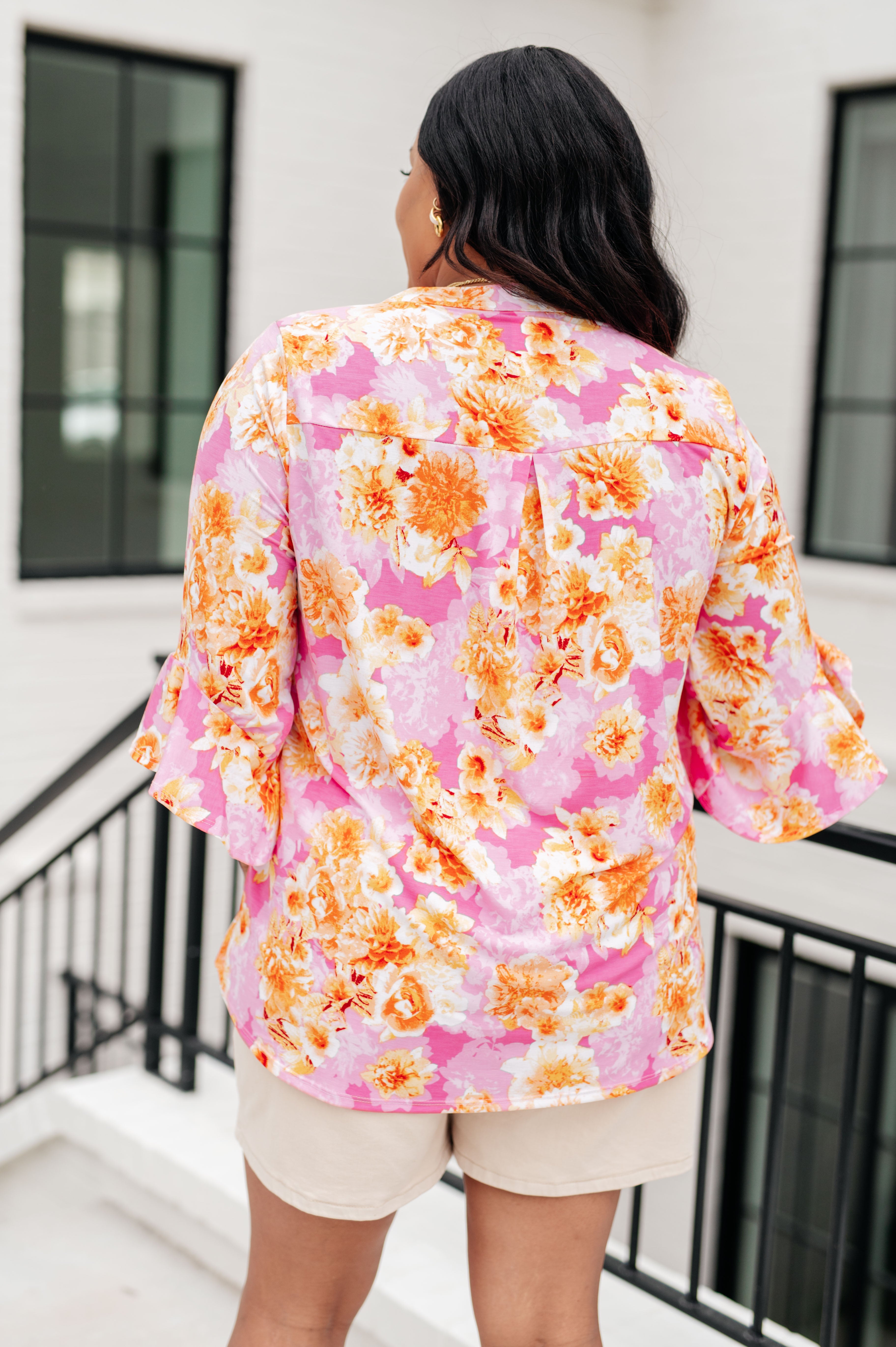 Dear Scarlett Lizzy Bell Sleeve Top in Pink and Gold Floral Ave Shops