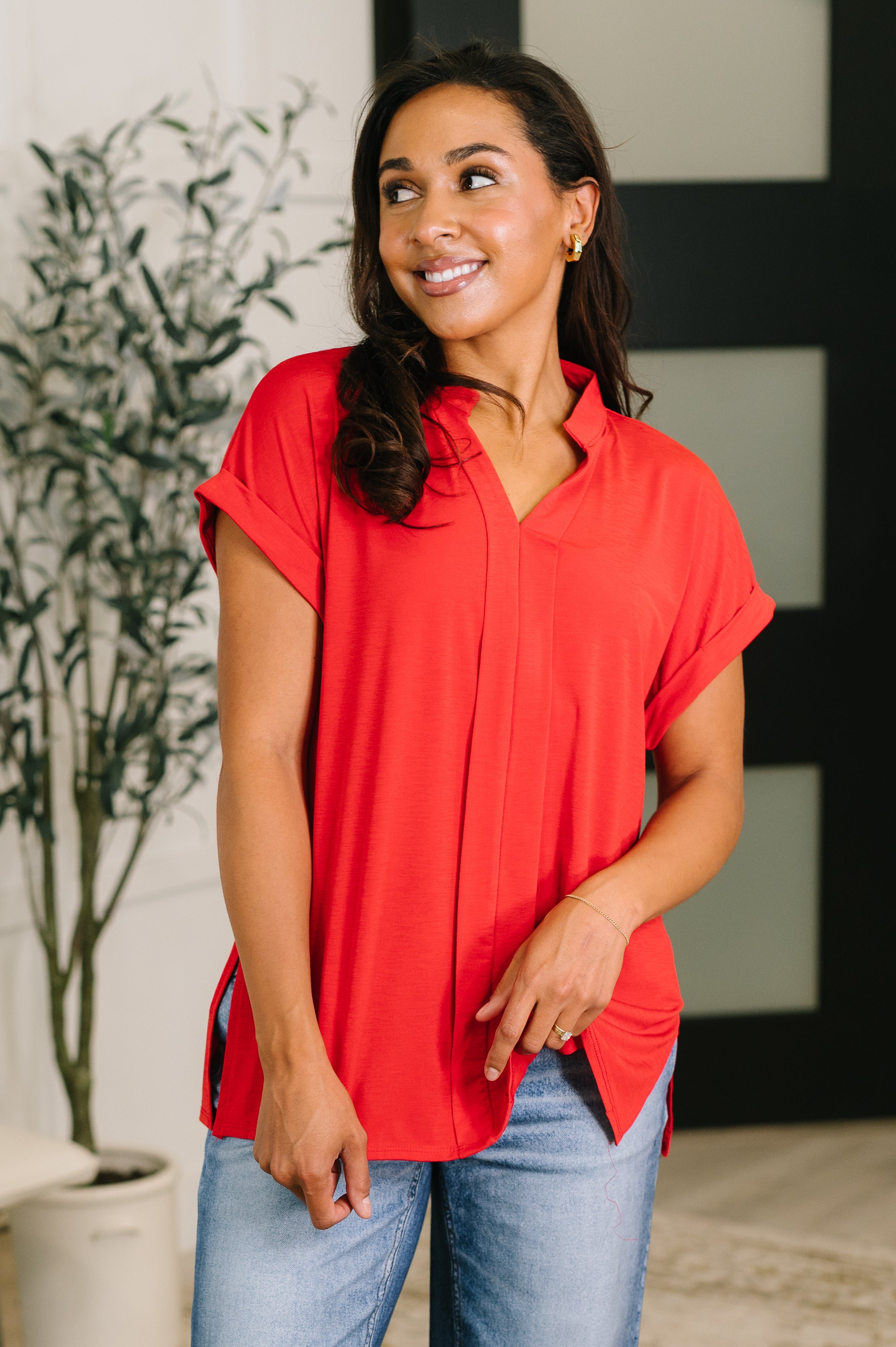 Dear Scarlett Lizzy Bloom Split Neck Blouse in Red Womens