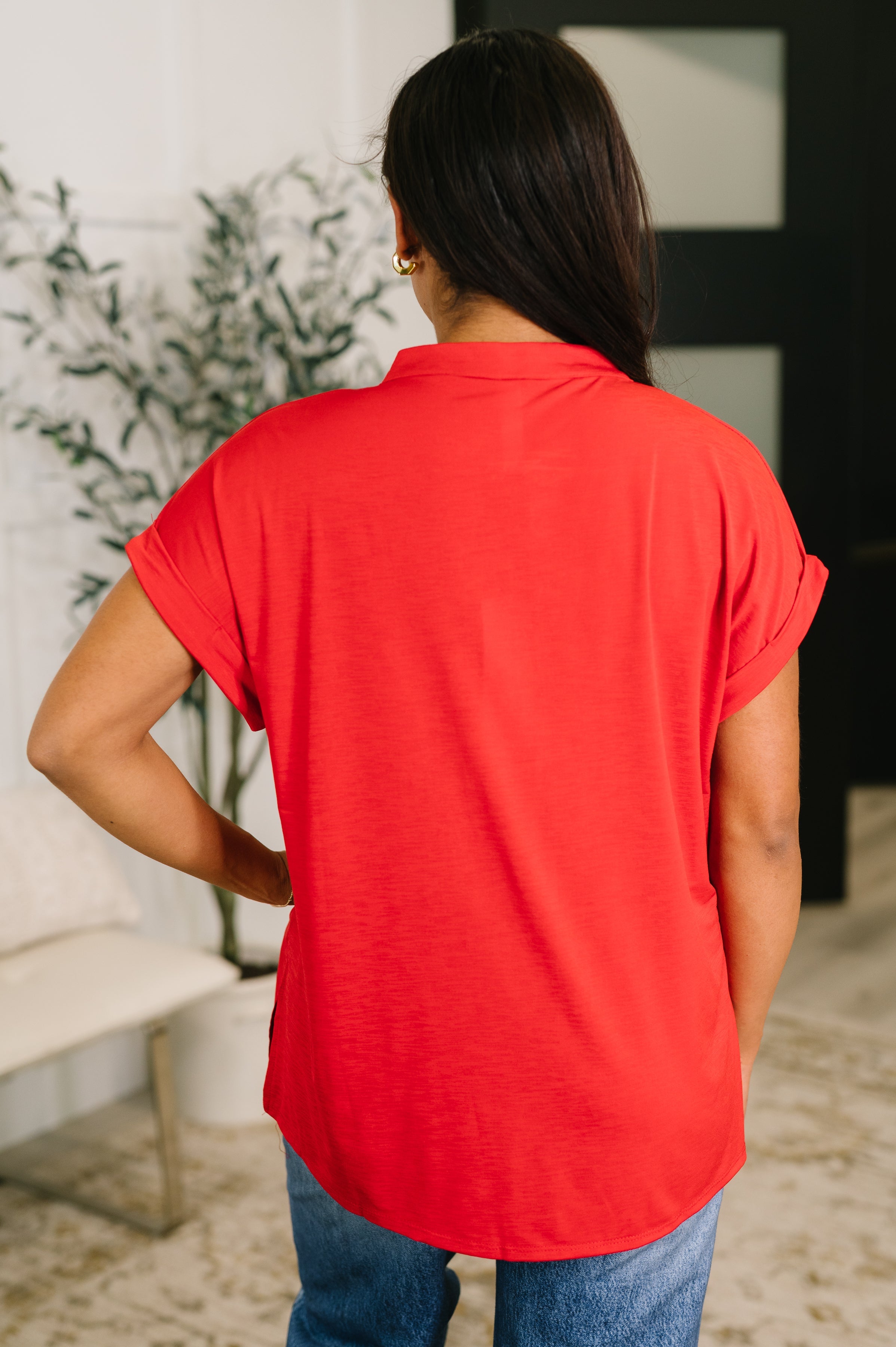 Dear Scarlett Lizzy Bloom Split Neck Blouse in Red Womens