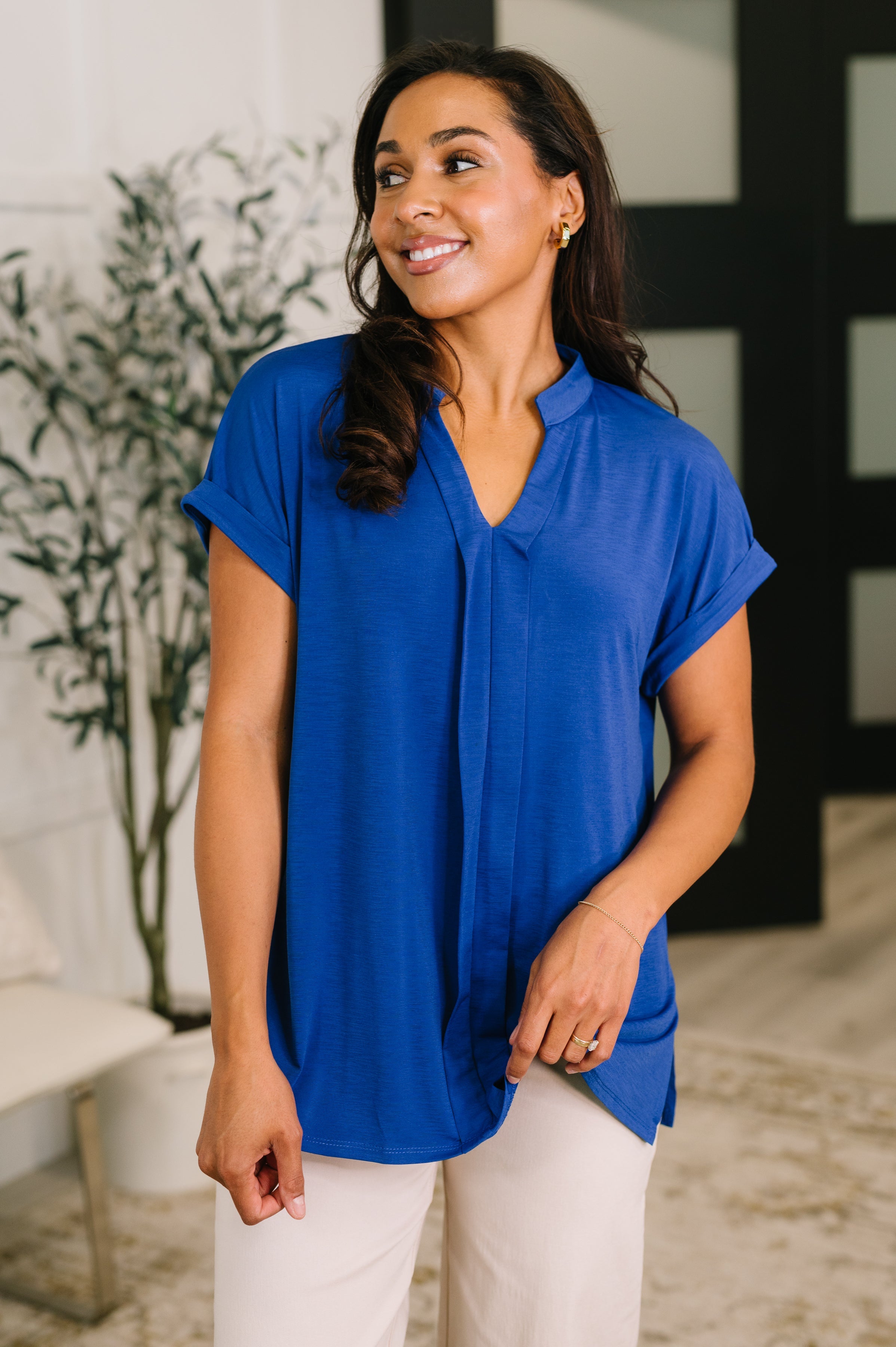 Dear Scarlett Lizzy Bloom Split Neck Blouse in Royal Blue Womens