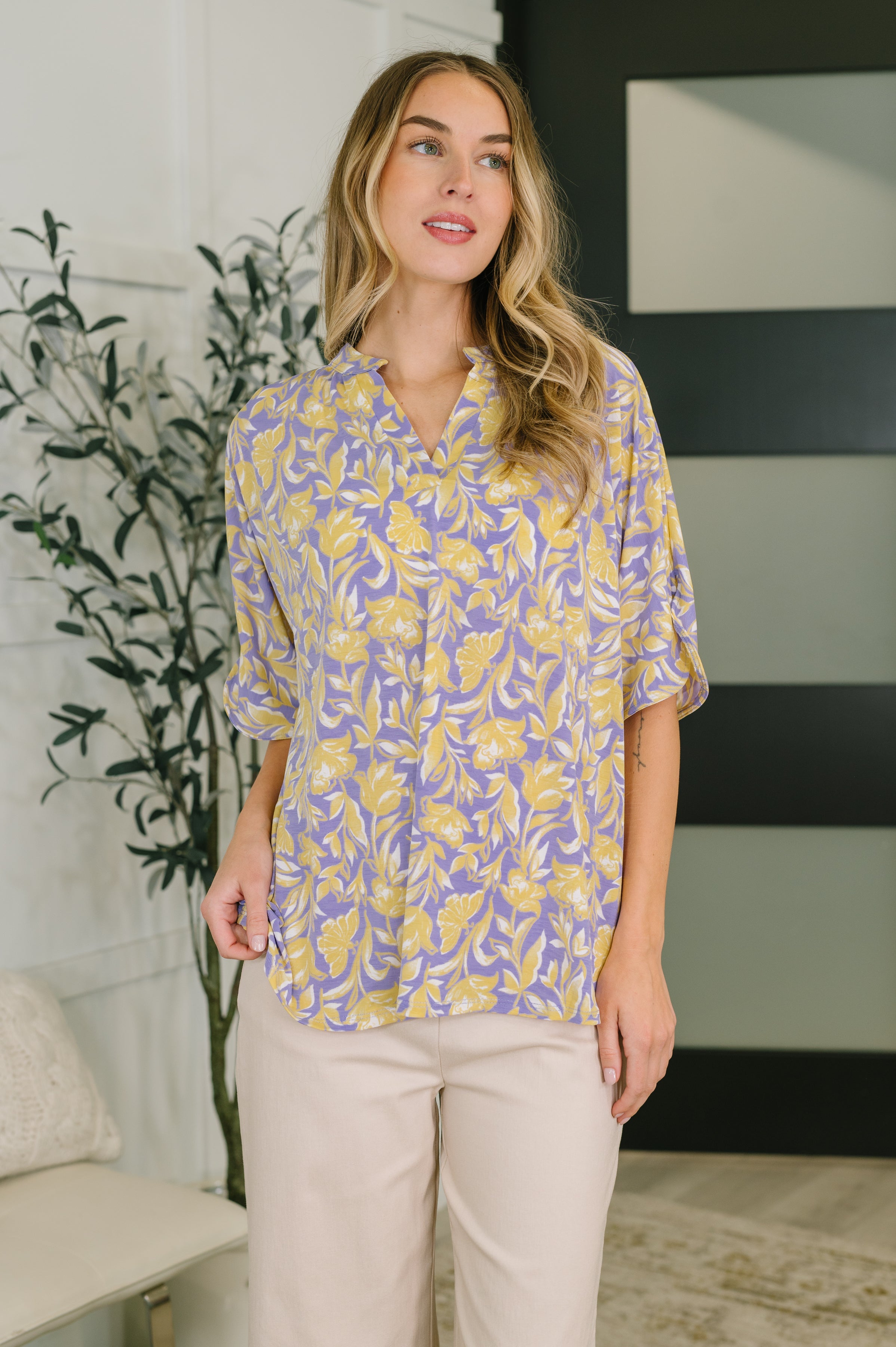 Dear Scarlett Lizzy Breeze Top in Purple and Yellow Floral Womens