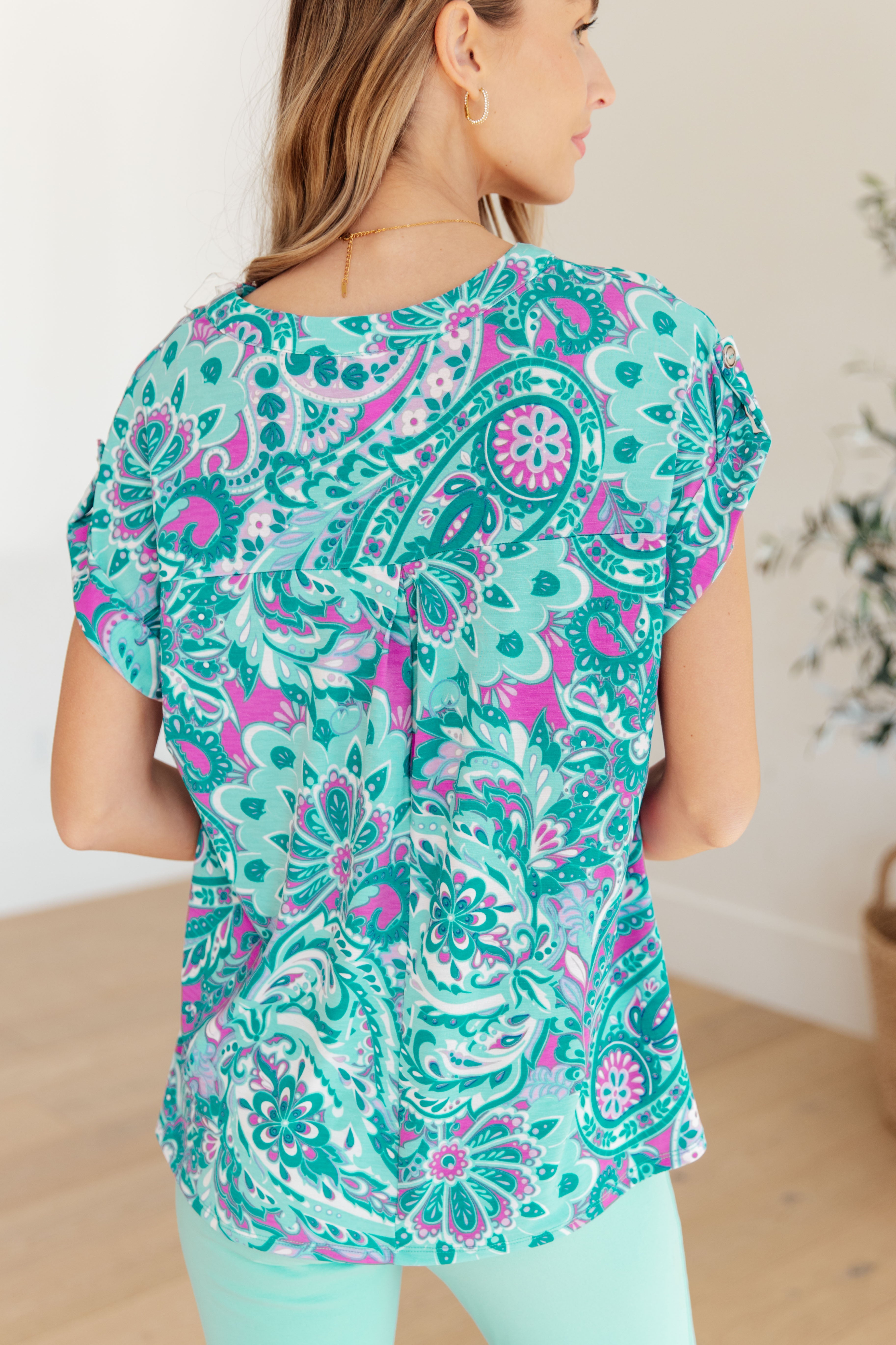 Dear Scarlett Lizzy Cap Sleeve Top in Magenta and Teal Paisley Ave Shops