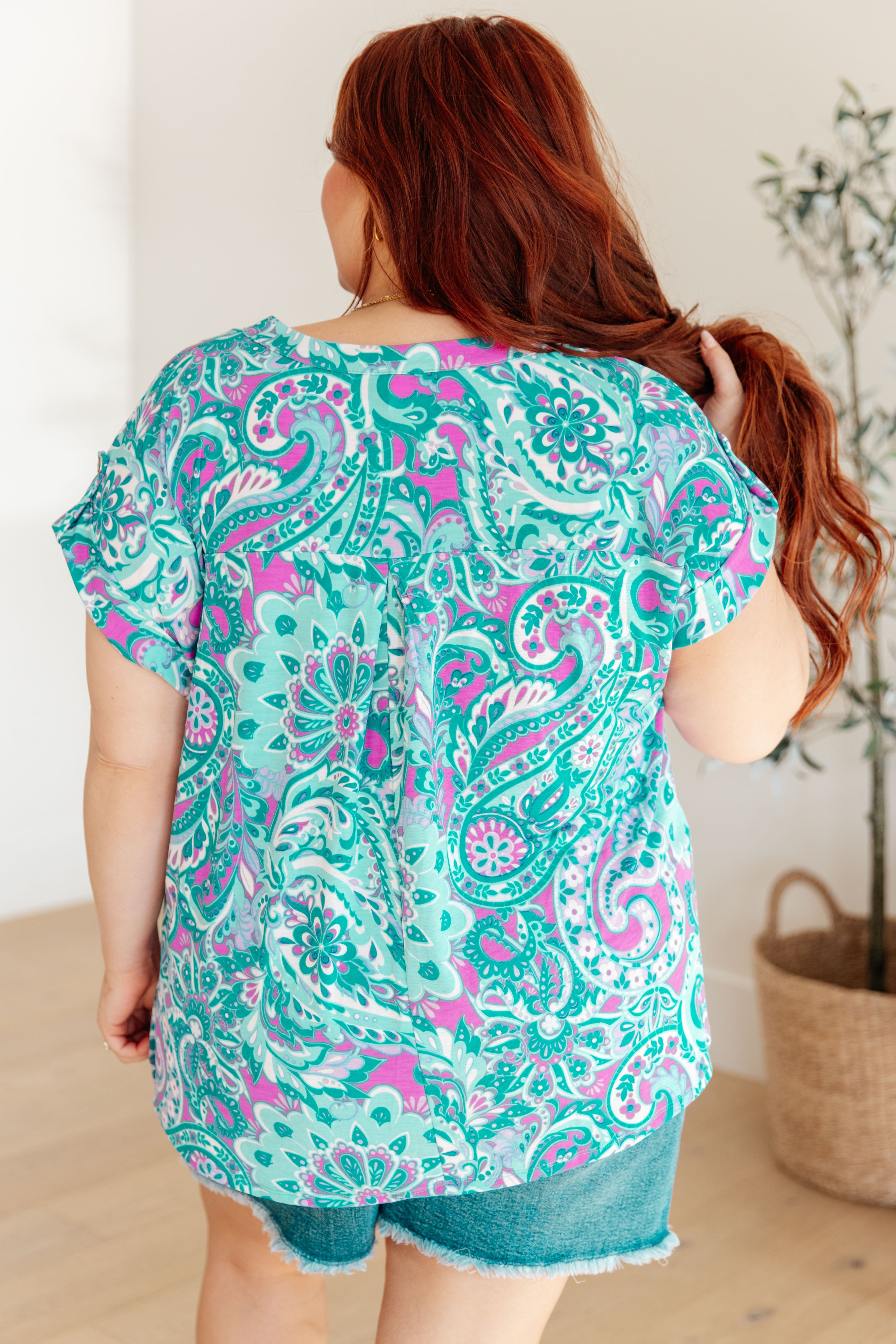 Dear Scarlett Lizzy Cap Sleeve Top in Magenta and Teal Paisley Ave Shops