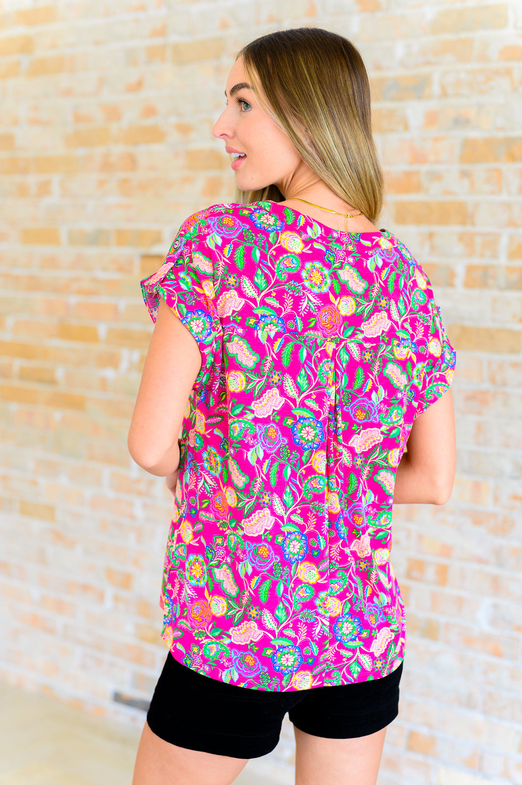 Dear Scarlett Lizzy Cap Sleeve Top in Fuchsia and Green Floral Paisley Ave Shops