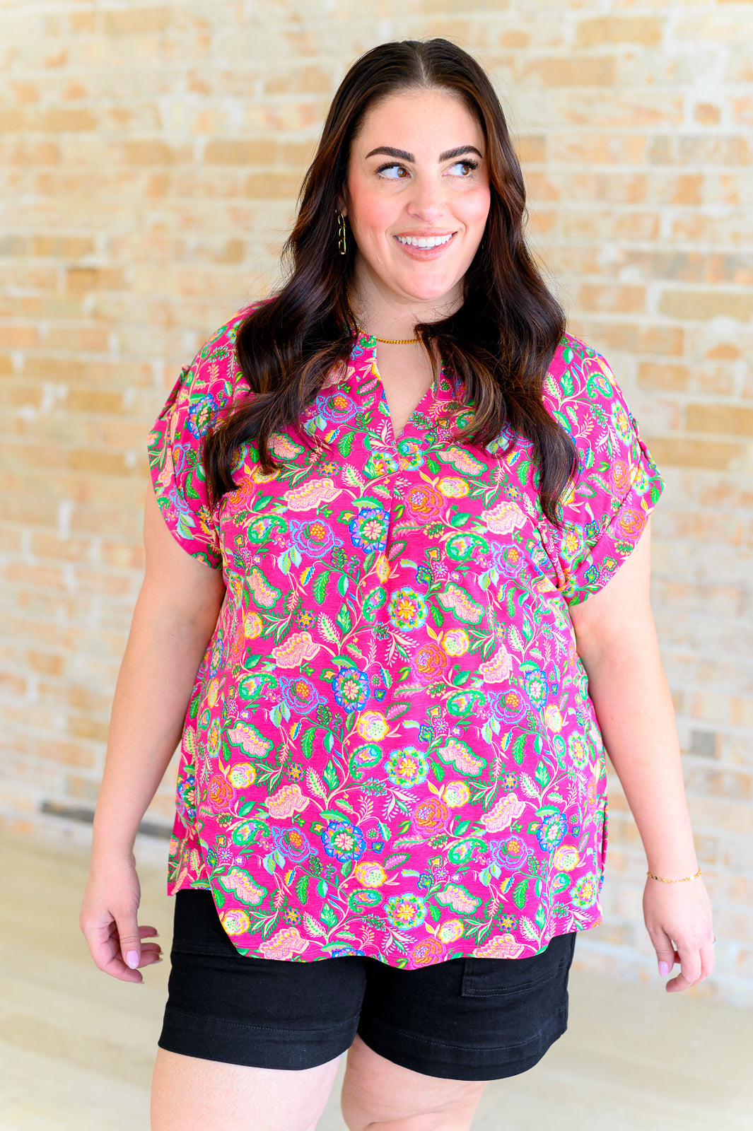 Dear Scarlett Lizzy Cap Sleeve Top in Fuchsia and Green Floral Paisley Ave Shops