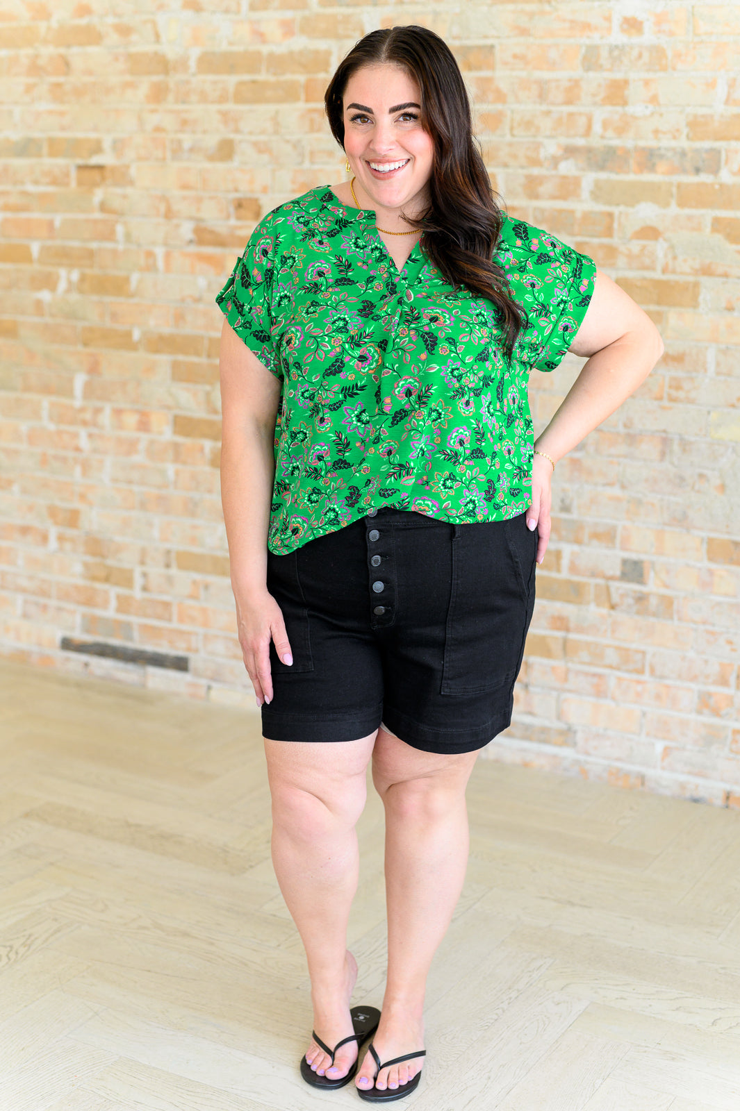Dear Scarlett Lizzy Cap Sleeve Top in Green and Black Floral Ave Shops