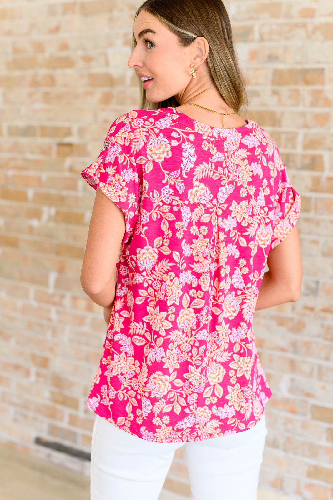 Dear Scarlett Lizzy Cap Sleeve Top in Pink and Peach Floral Ave Shops