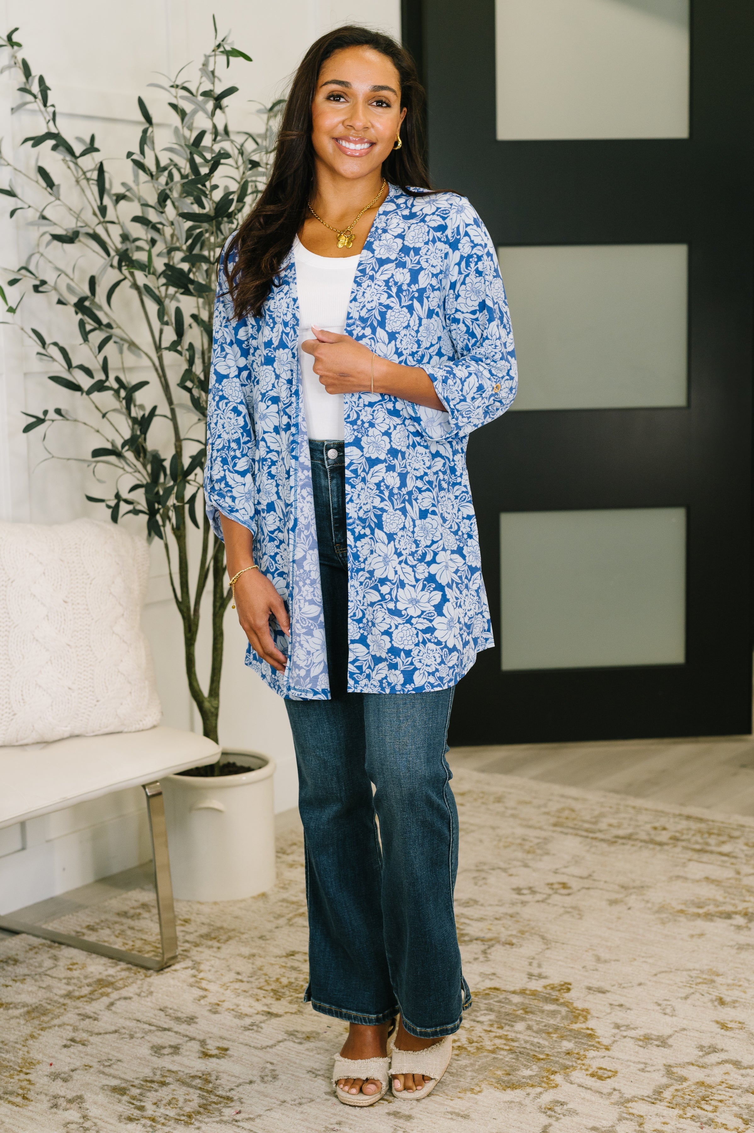 Lizzy Cardigan in Blue and White Floral Womens
