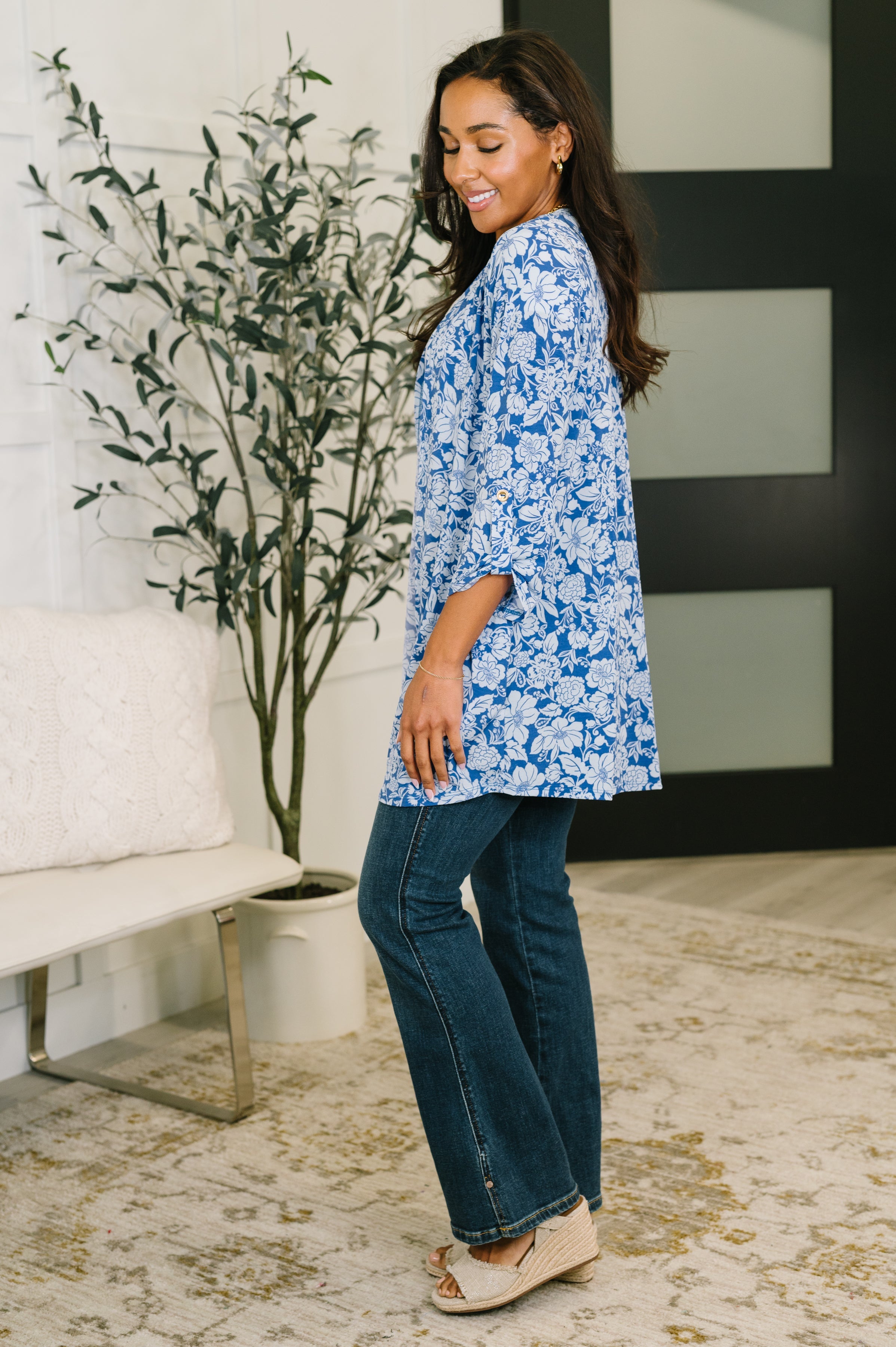 Lizzy Cardigan in Blue and White Floral Womens
