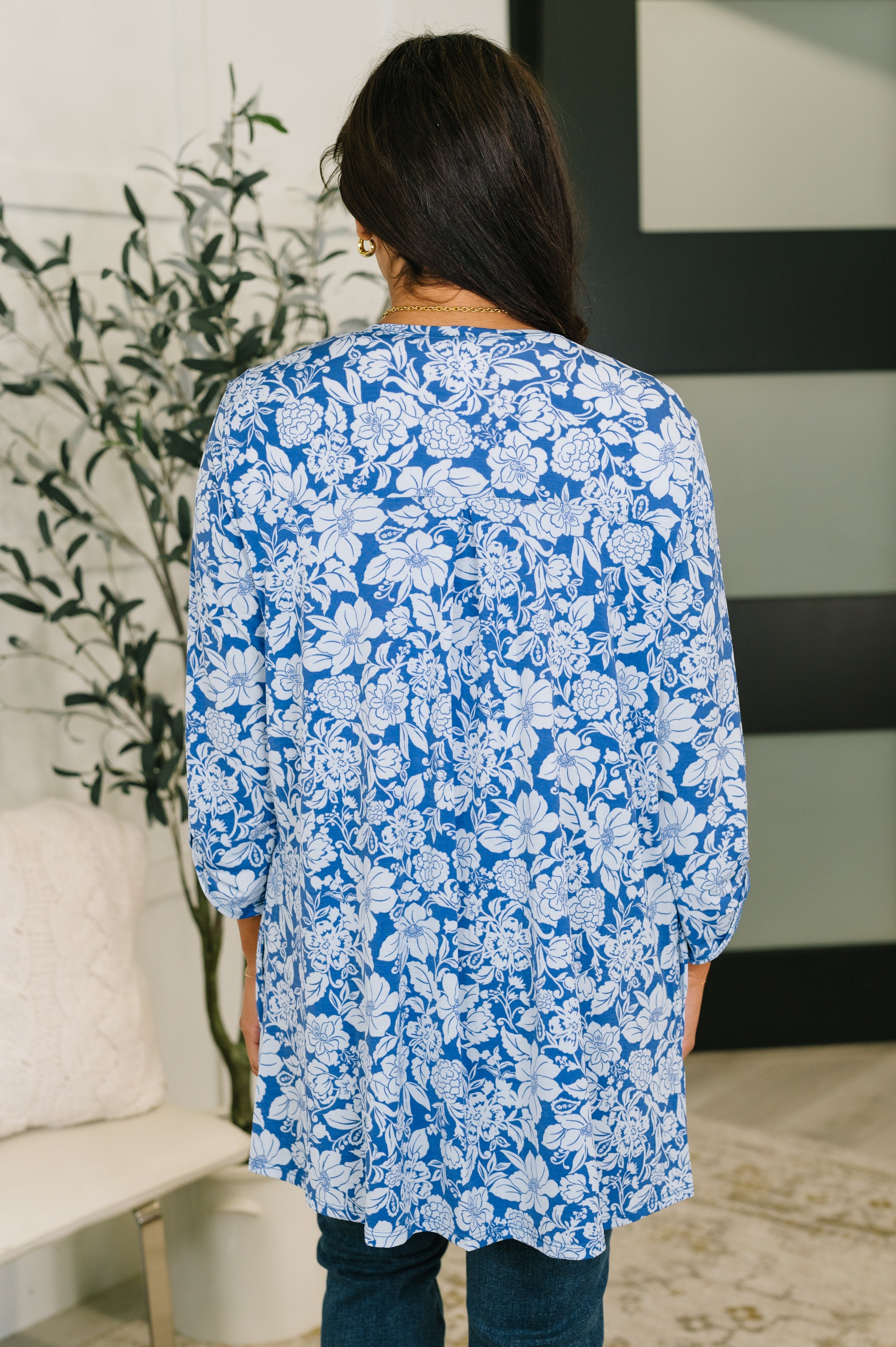 Lizzy Cardigan in Blue and White Floral Womens