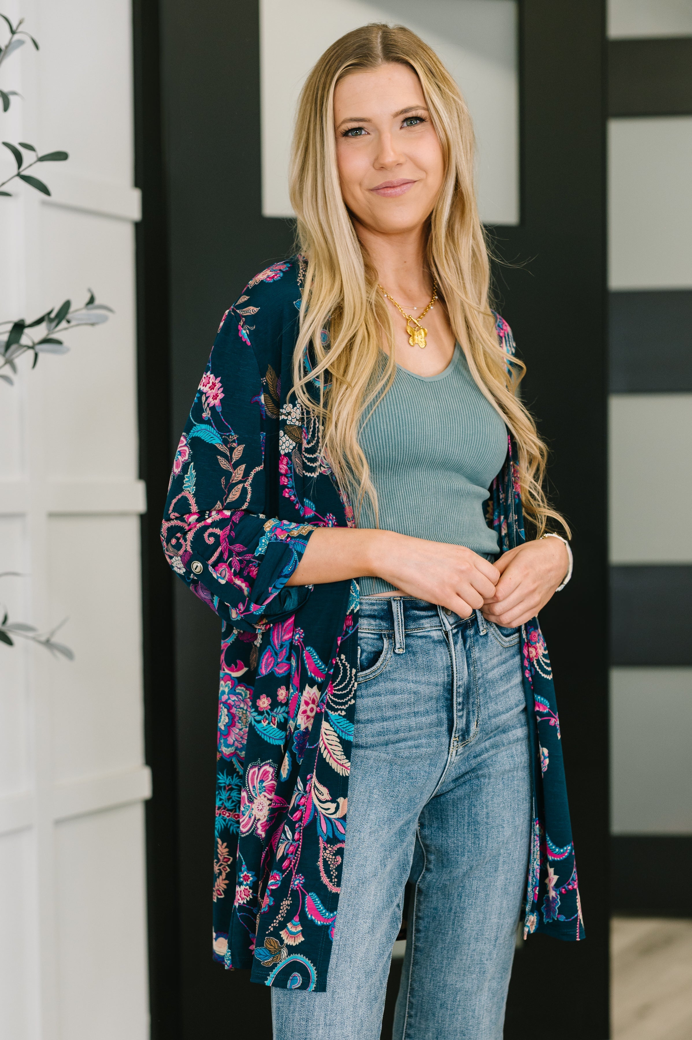 Dear Scarlett Lizzy Cardigan in Hunter Green Floral Paisley Womens