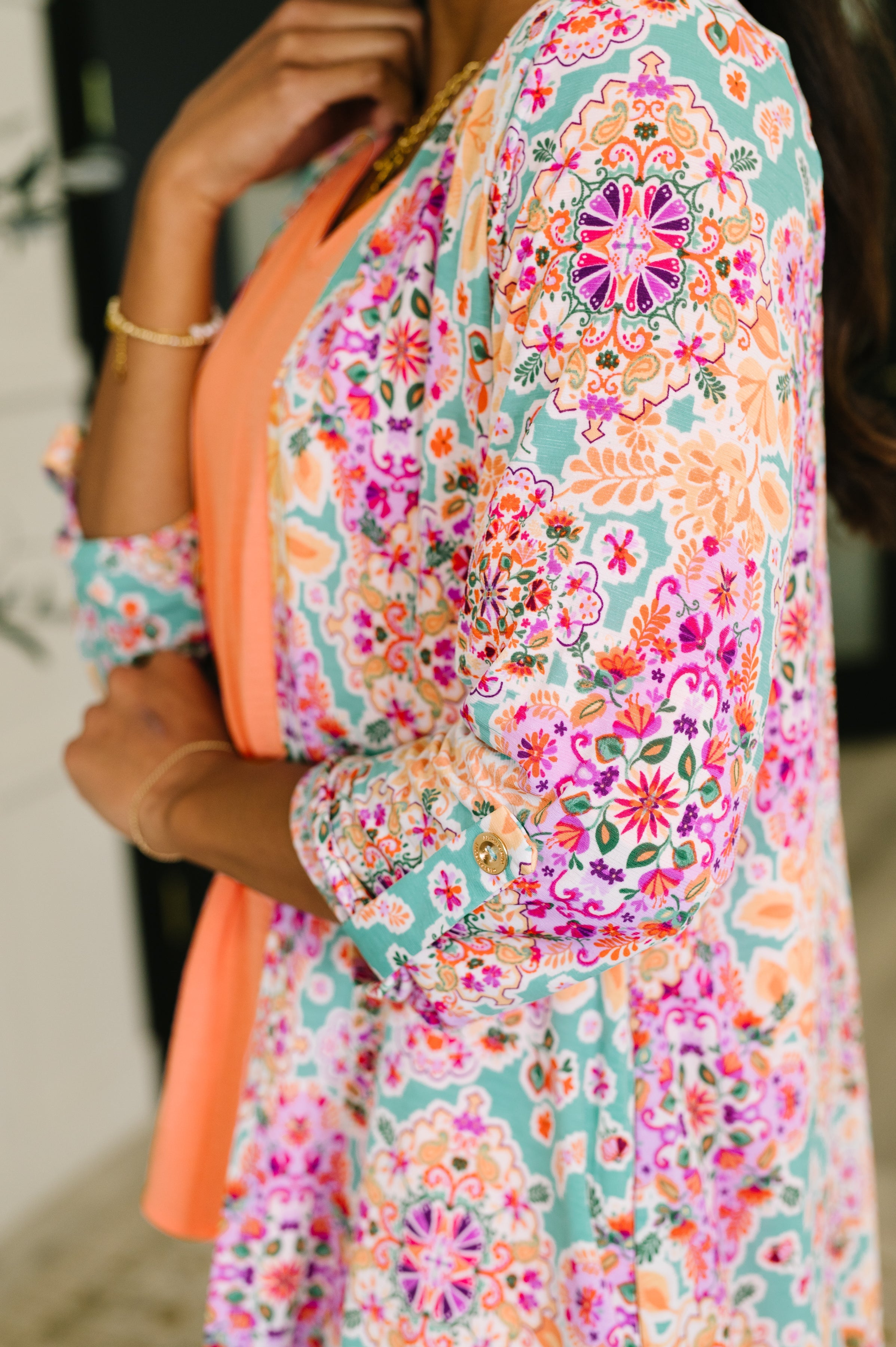 Lizzy Cardigan in Pink and Orange Floral Abstract Womens