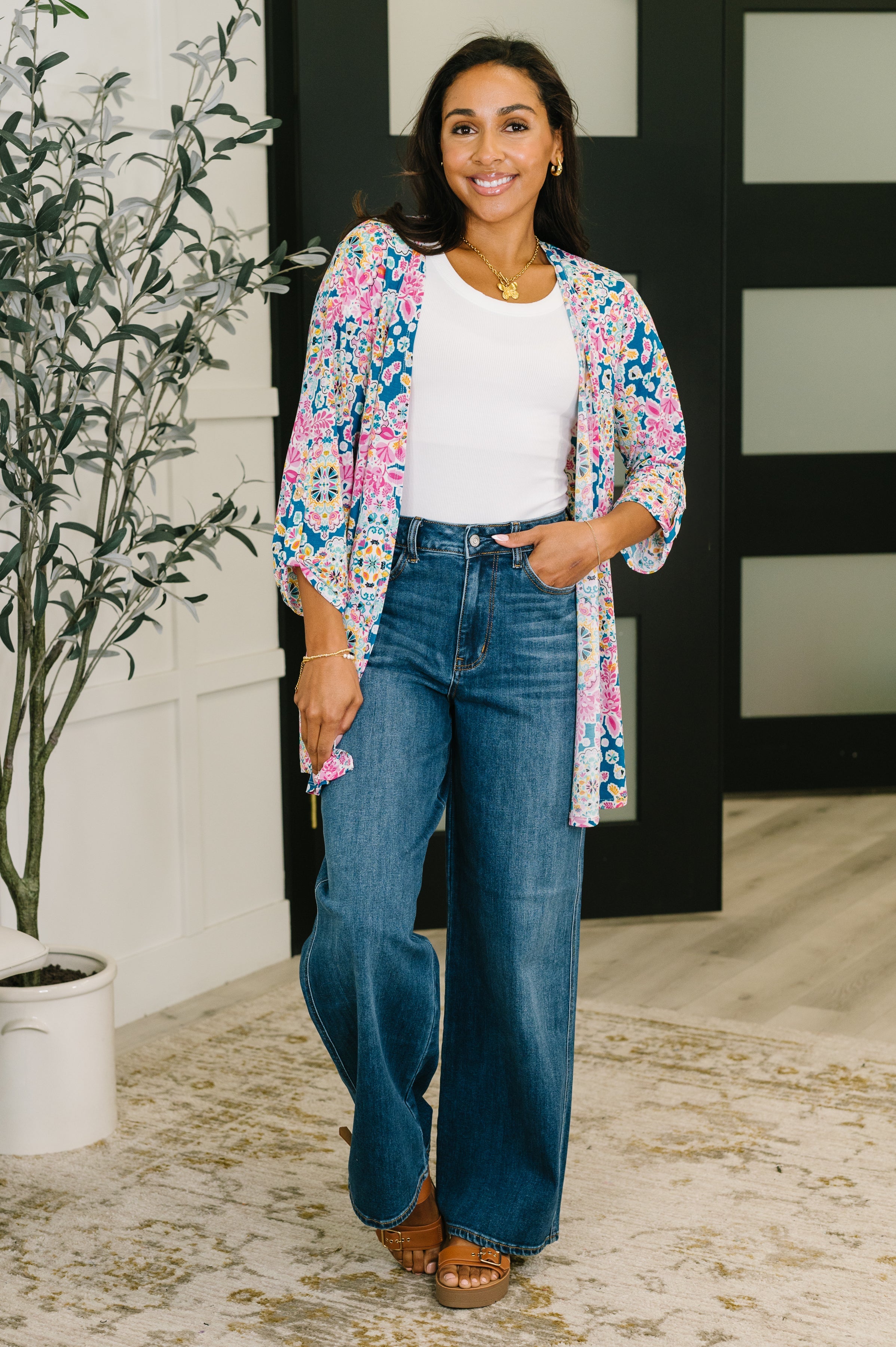 Lizzy Cardigan in Teal and Pink Floral Abstract Womens