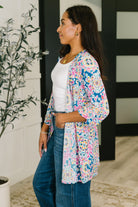 Lizzy Cardigan in Teal and Pink Floral Abstract Womens