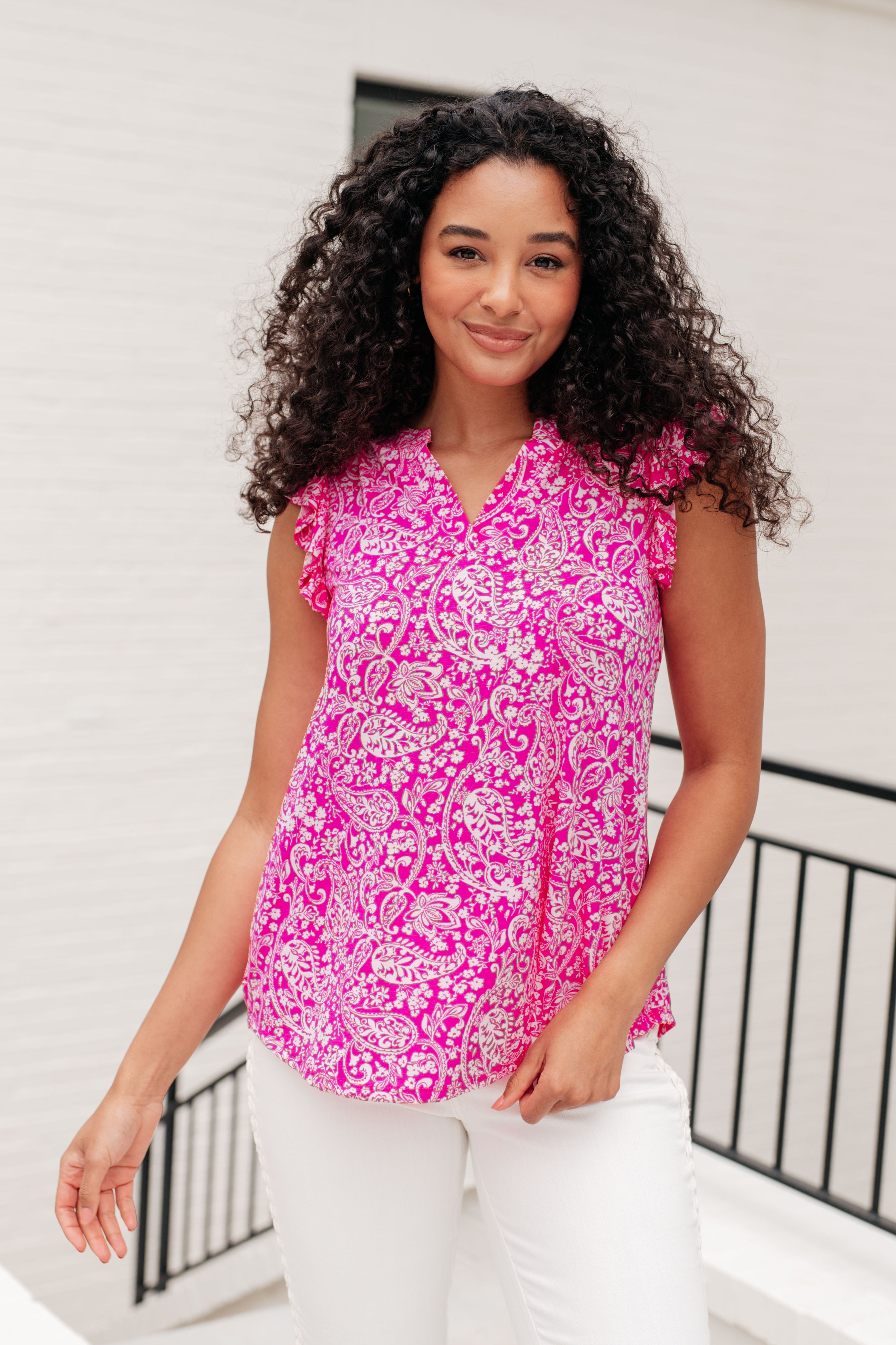Dear Scarlett Lizzy Flutter Sleeve Top in Hot Pink and White Floral Ave Shops