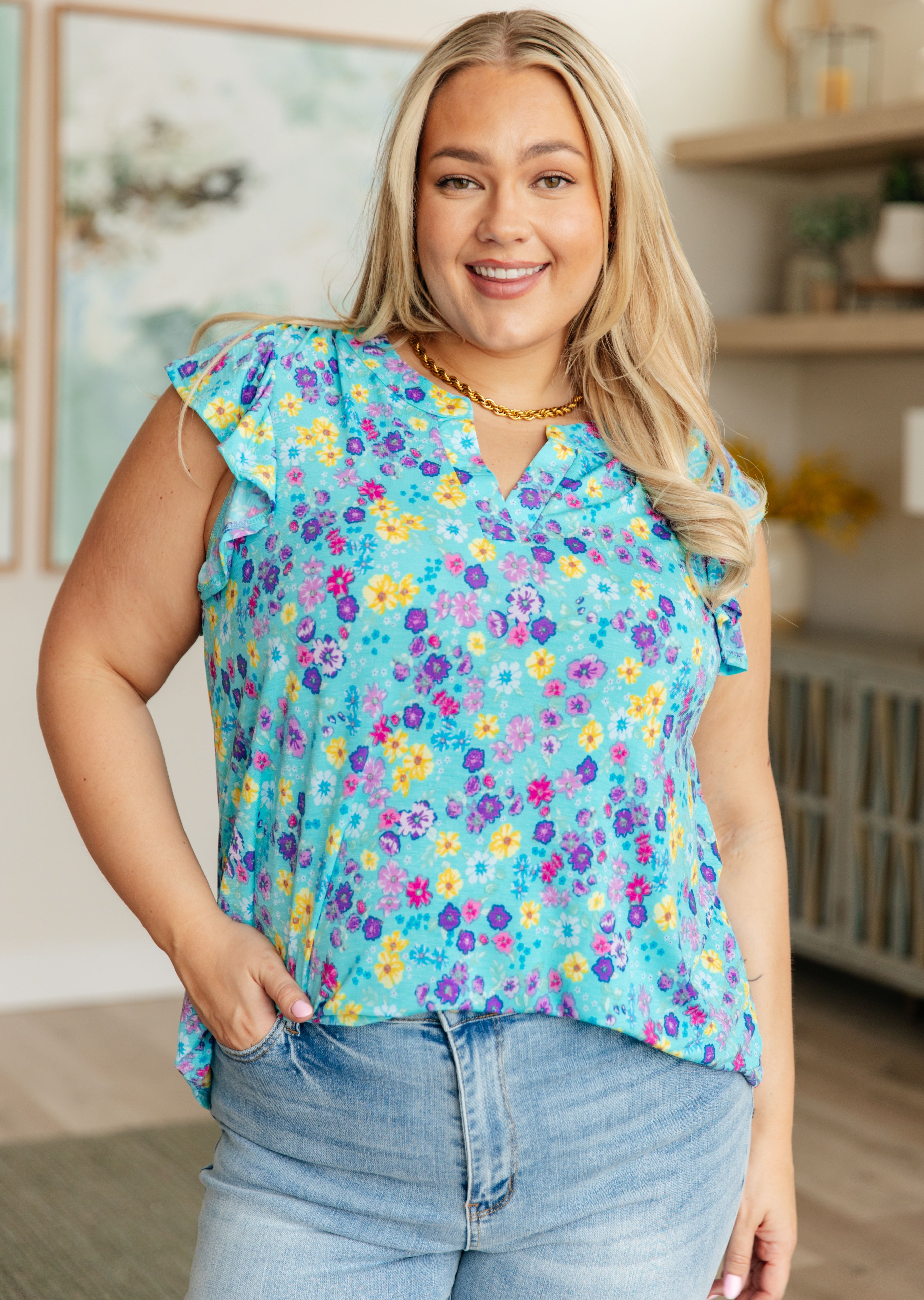 Dear Scarlett Lizzy Flutter Sleeve Top in Teal and Purple Floral Ave Shops