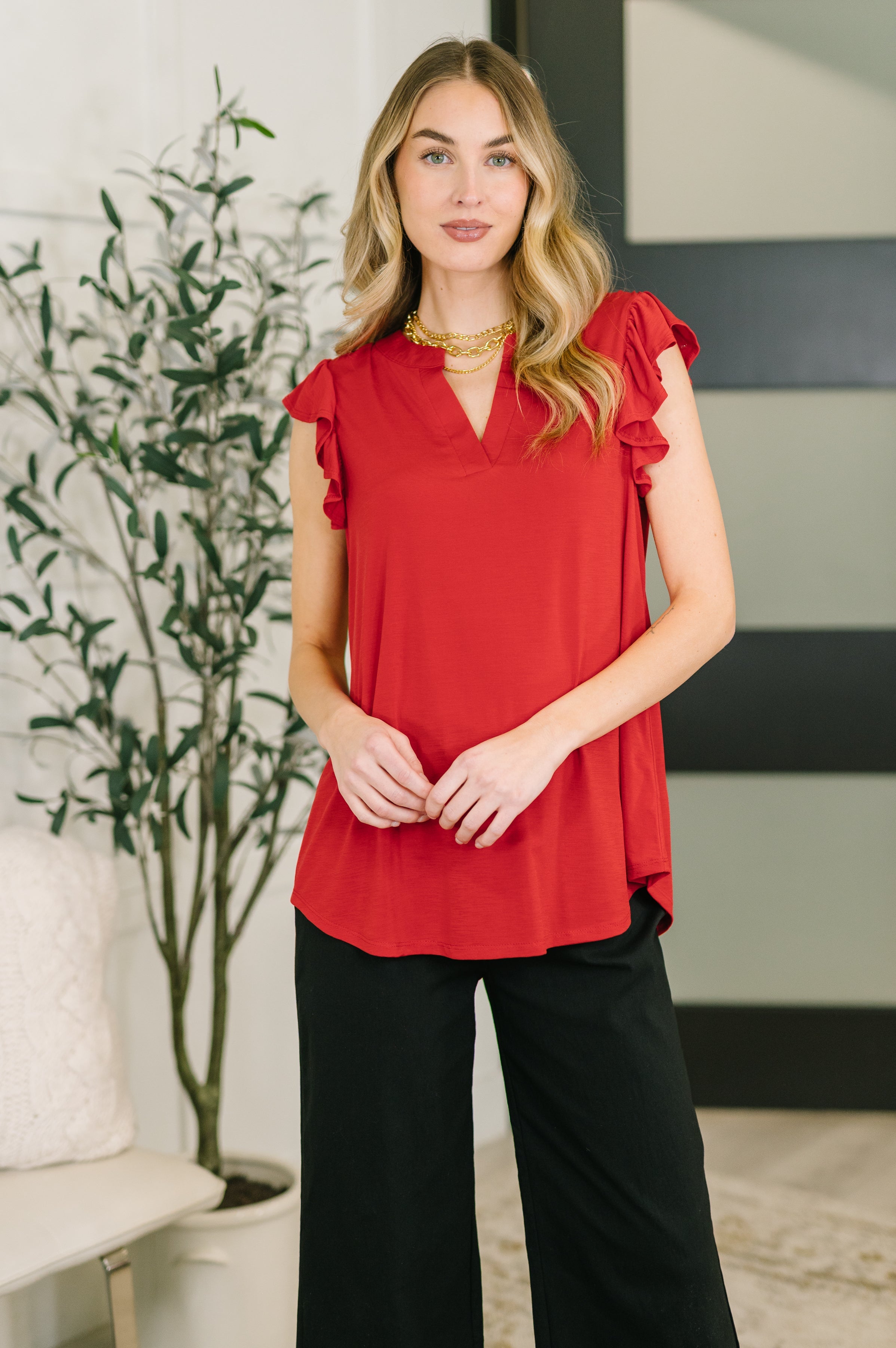 Lizzy Flutter Sleeve V-Neck Blouse in Red Womens