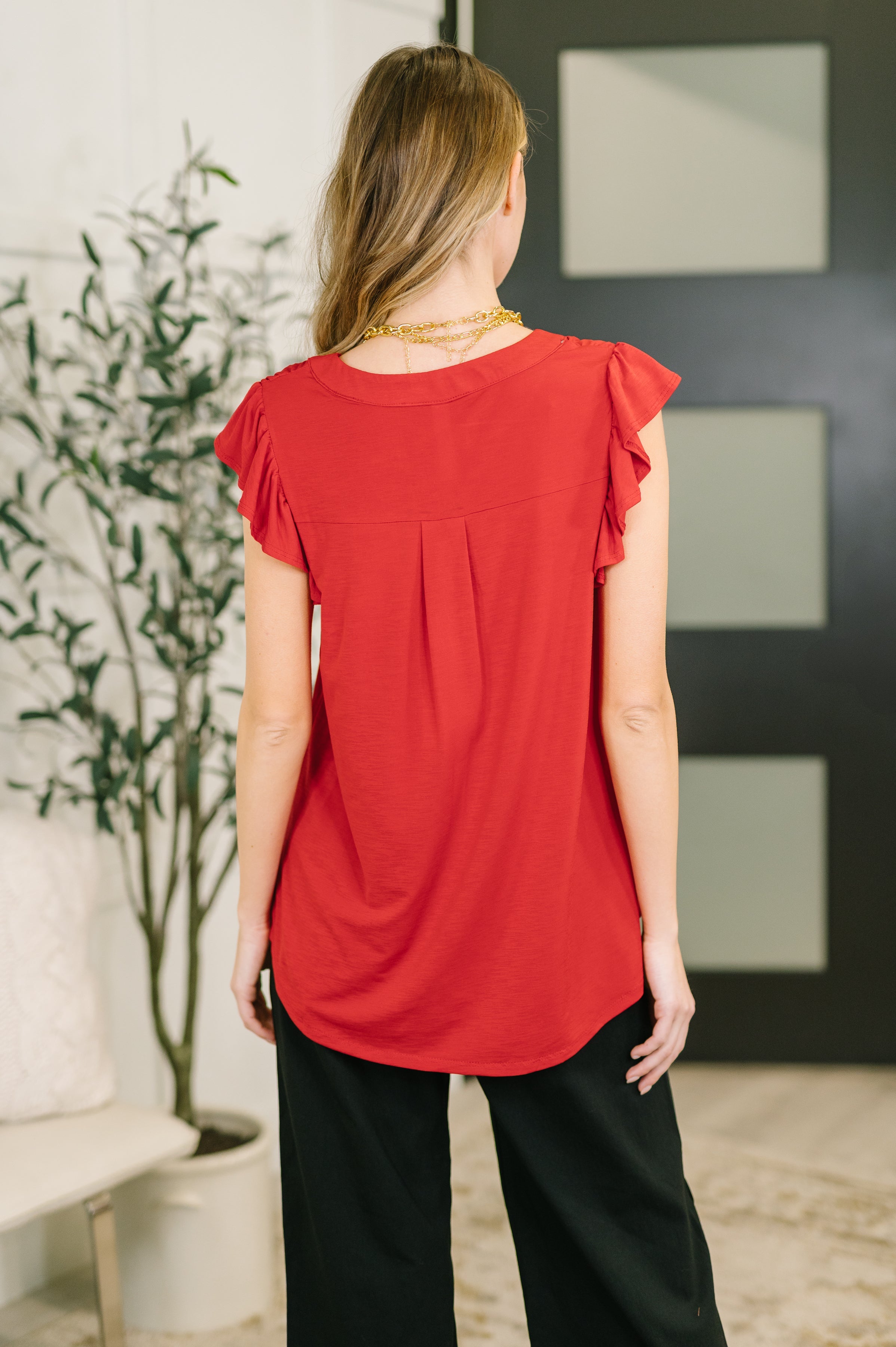 Lizzy Flutter Sleeve V-Neck Blouse in Red Womens
