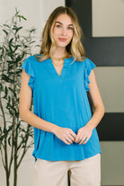 Dear Scarlett Lizzy Flutter Sleeve V-Neck Blouse in in Aqua Womens