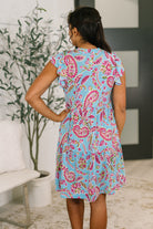 Dear Scarlett Lizzy Forever Flutter Sleeve Dress in Blue and Pink Paisley Floral Womens