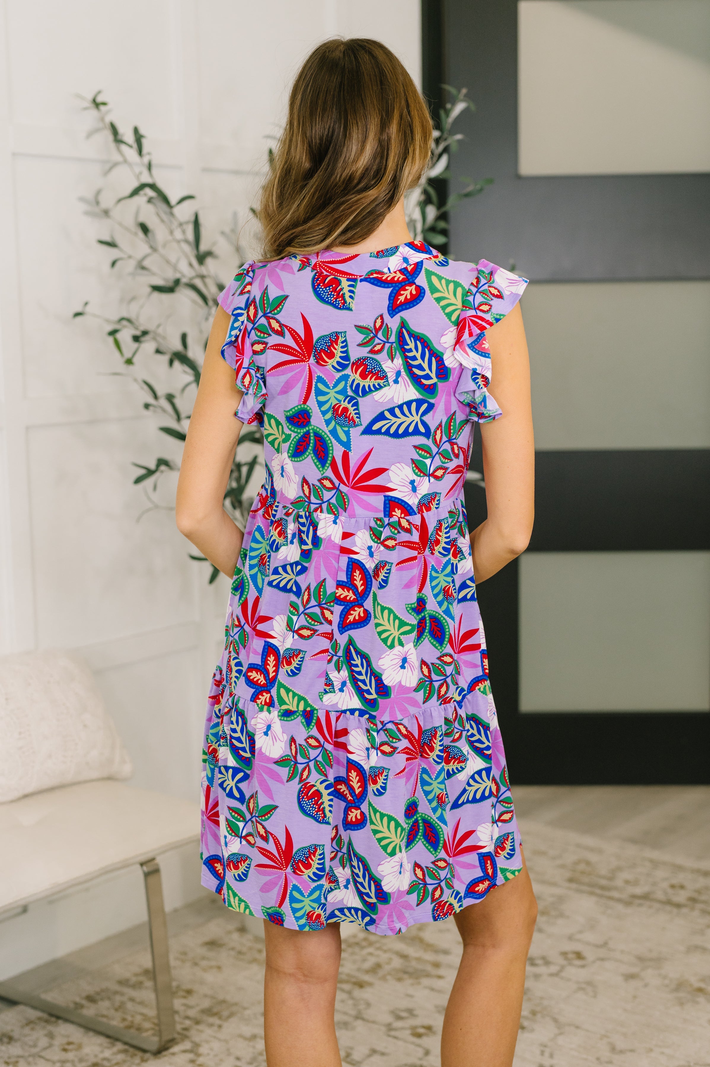 Lizzy Flutter Sleeve Dress in Multi Leaf Womens