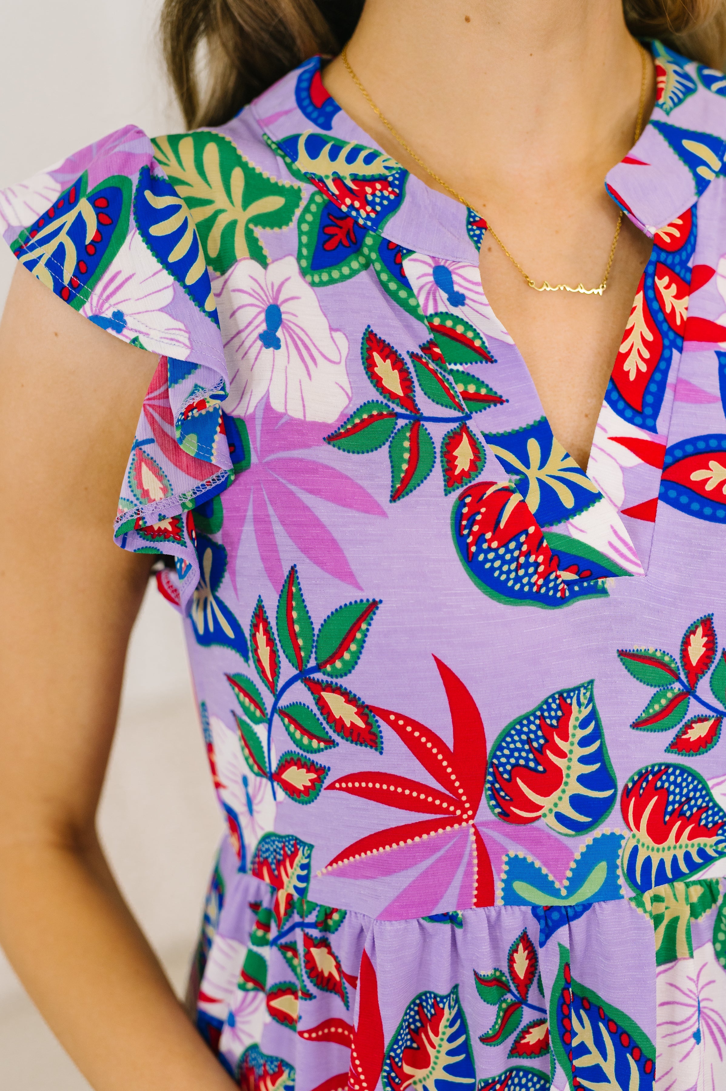 Dear Scarlett Lizzy Flutter Sleeve Dress in Multi Leaf Womens