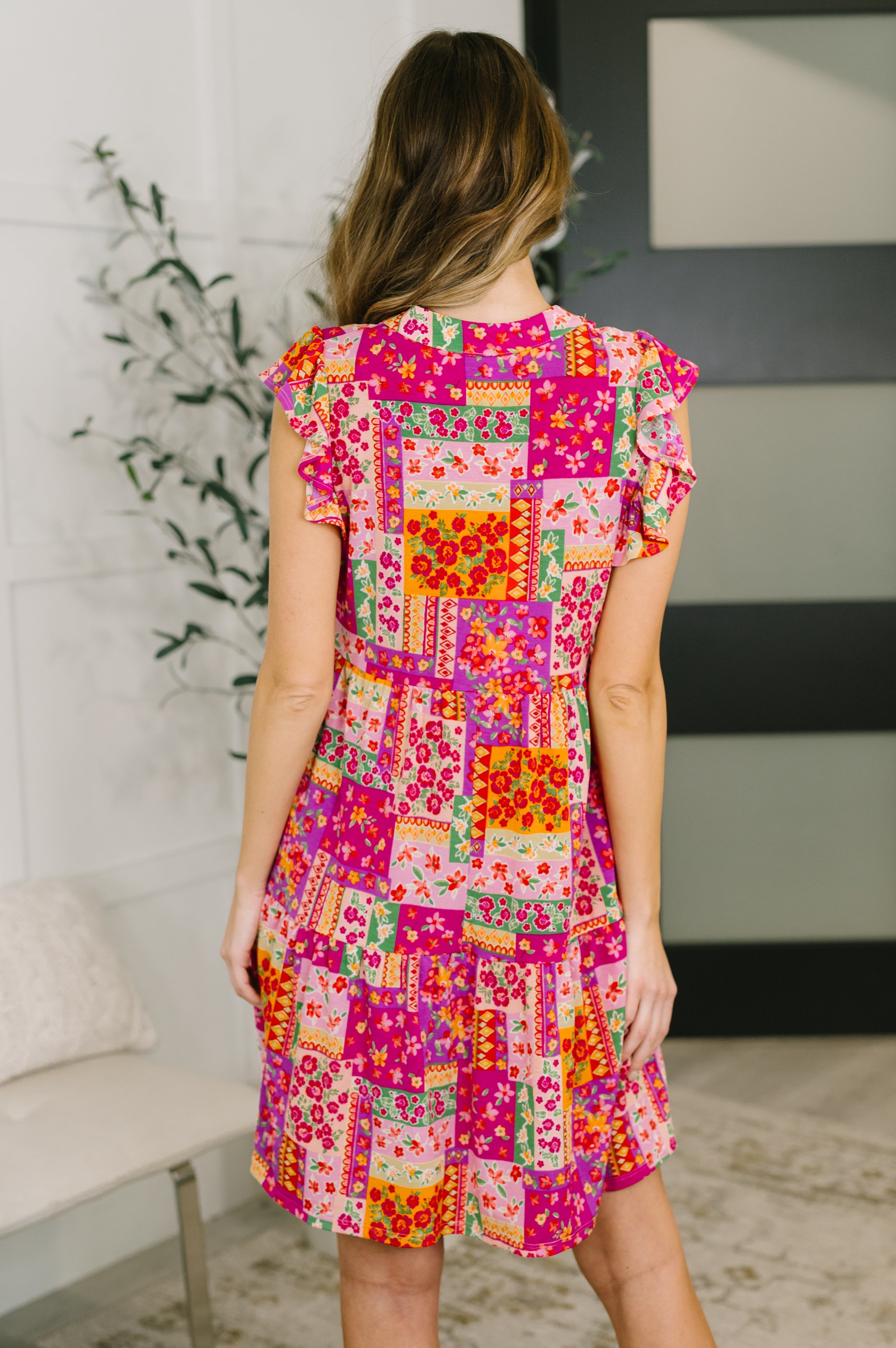 Lizzy Flutter Sleeve Dress in Patchwork Floral Womens