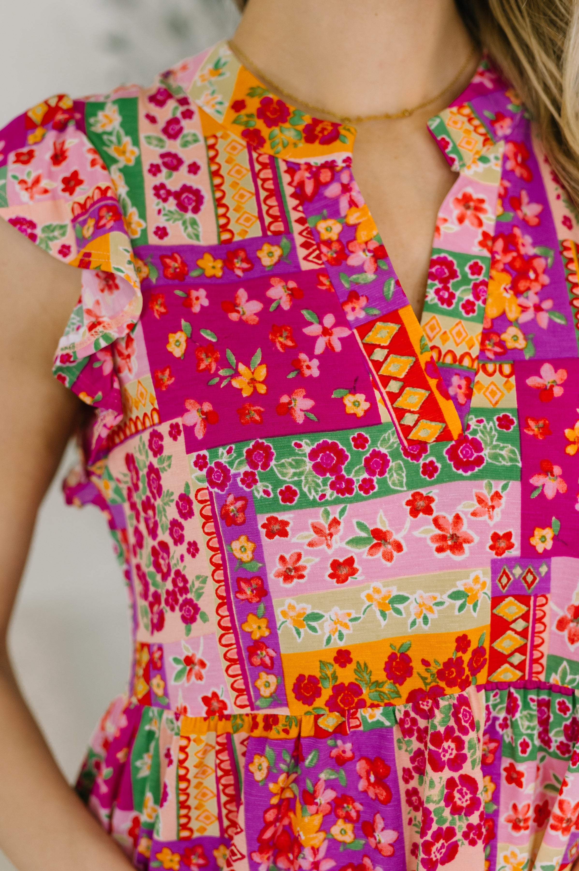 Lizzy Flutter Sleeve Dress in Patchwork Floral Womens