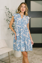 Dear Scarlett Lizzy Flutter Sleeve Dress in White and Blue Floral Womens