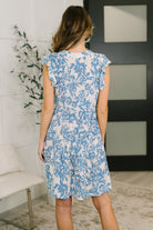 Dear Scarlett Lizzy Flutter Sleeve Dress in White and Blue Floral Womens