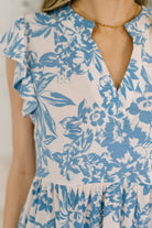 Dear Scarlett Lizzy Flutter Sleeve Dress in White and Blue Floral Womens