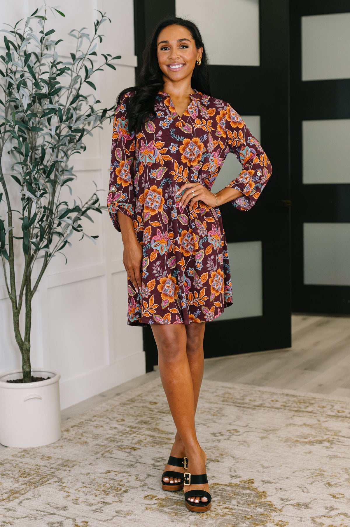 Dear Scarlett Lizzy Long Sleeve Dress in Chocolate Floral Womens