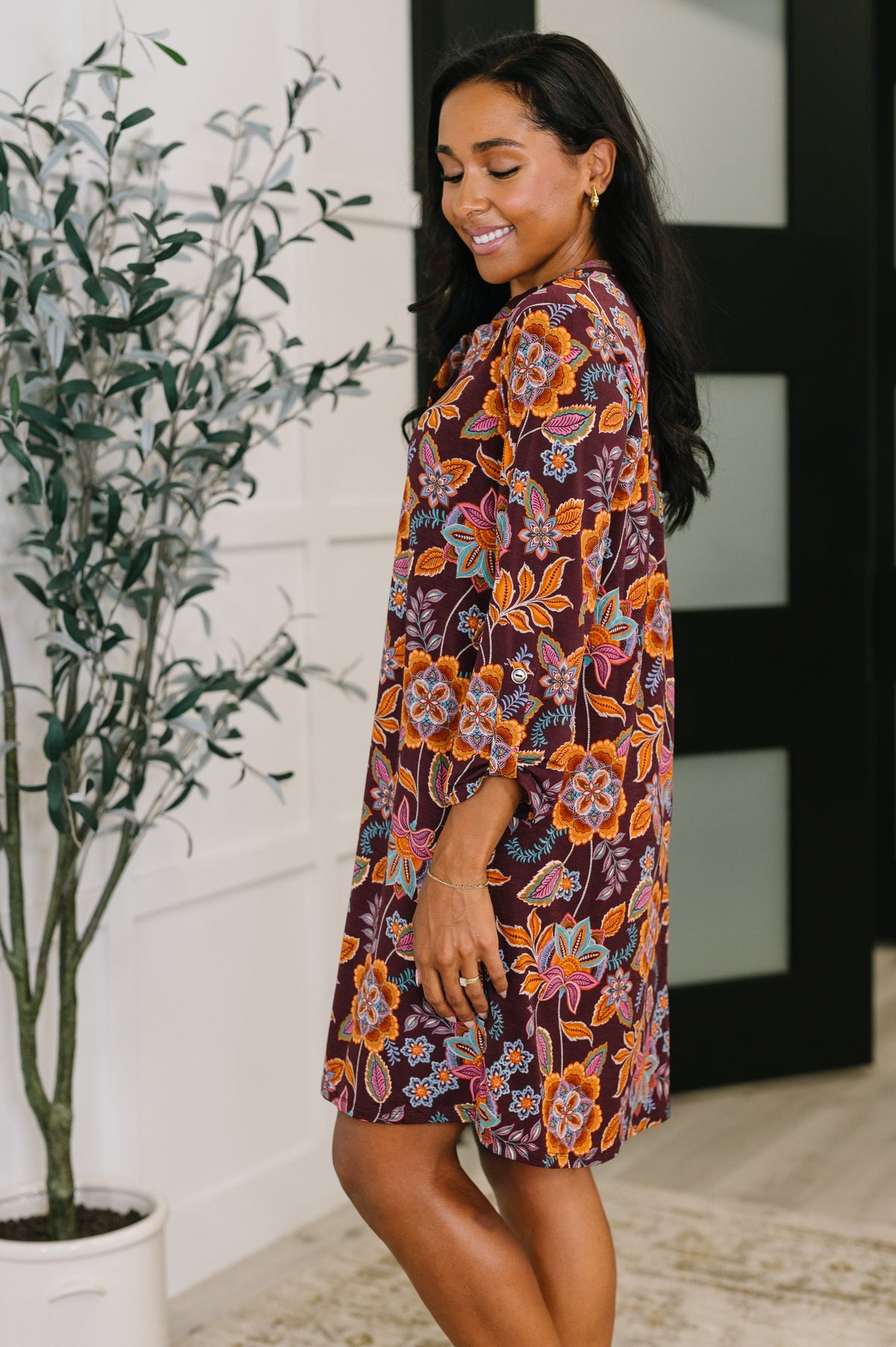 Dear Scarlett Lizzy Long Sleeve Dress in Chocolate Floral Womens