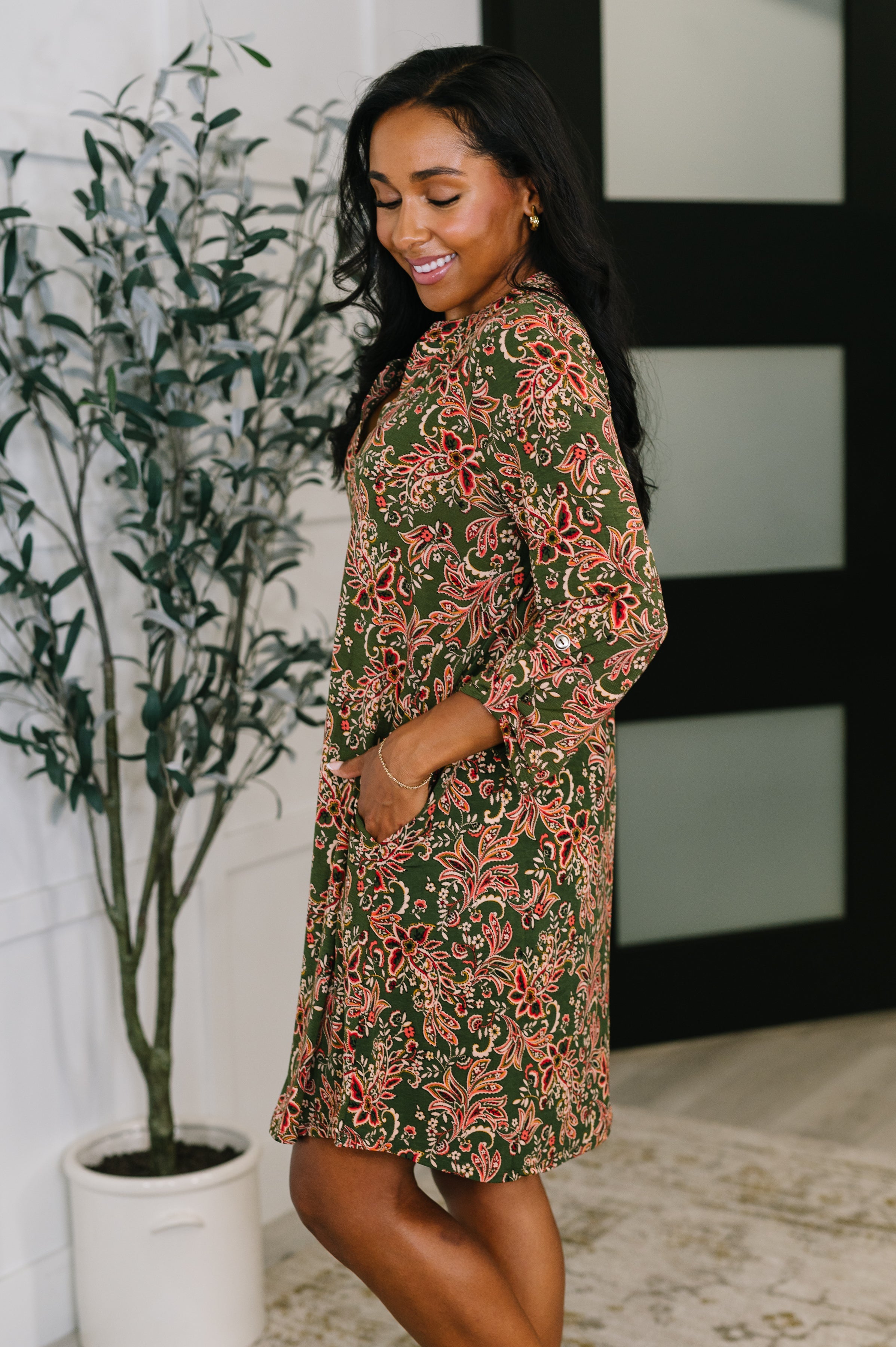 Dear Scarlett Lizzy Long Sleeve Dress in Olive Paisley Womens