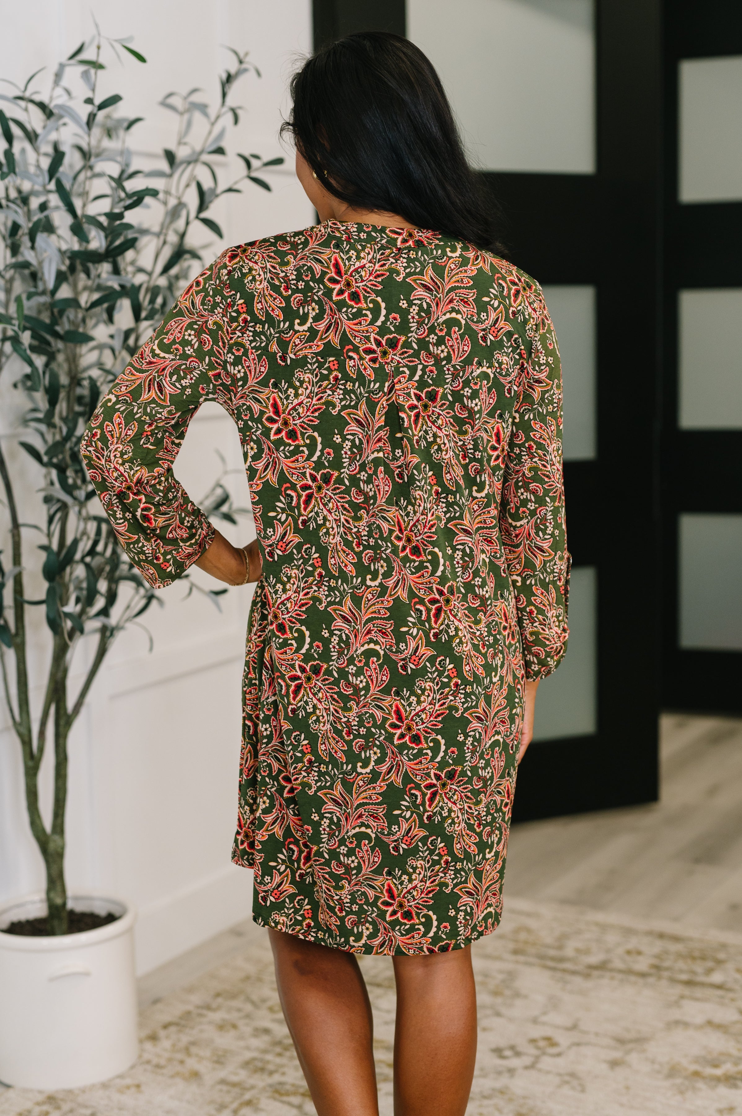 Dear Scarlett Lizzy Long Sleeve Dress in Olive Paisley Womens