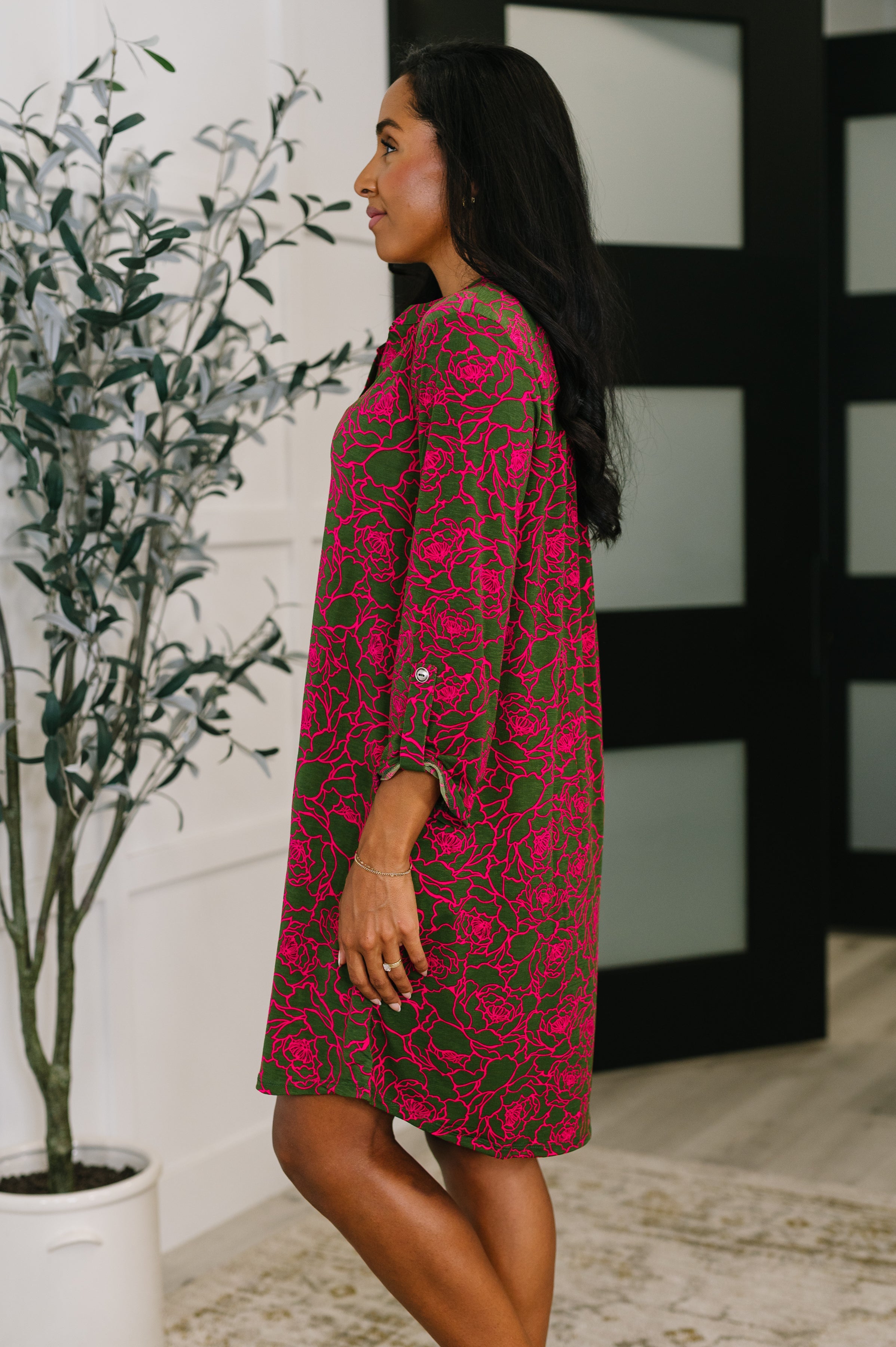 Dear Scarlett Lizzy Long Sleeve Dress in Pink and Olive Abstract Floral Womens