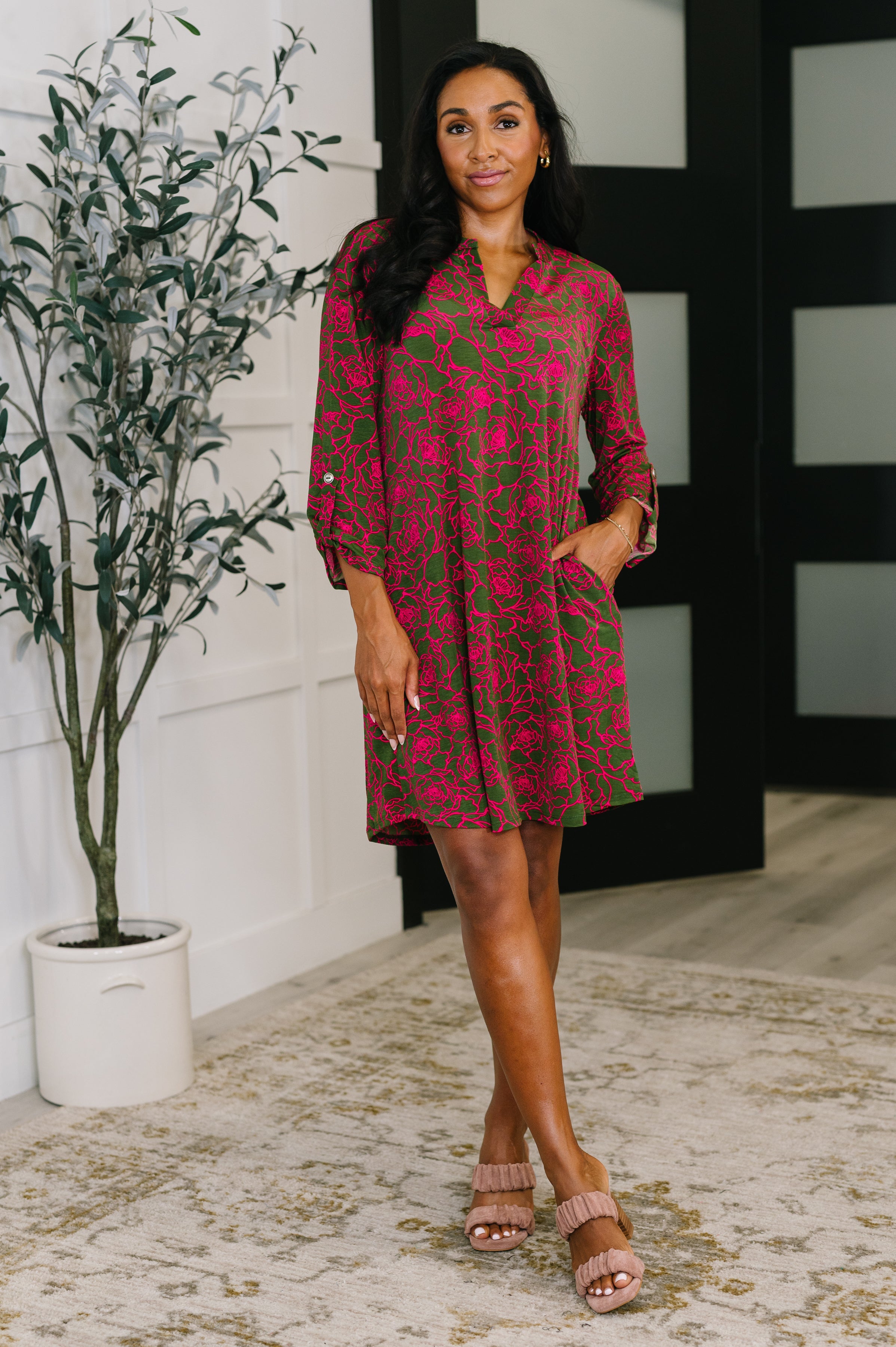 Dear Scarlett Lizzy Long Sleeve Dress in Pink and Olive Abstract Floral Womens