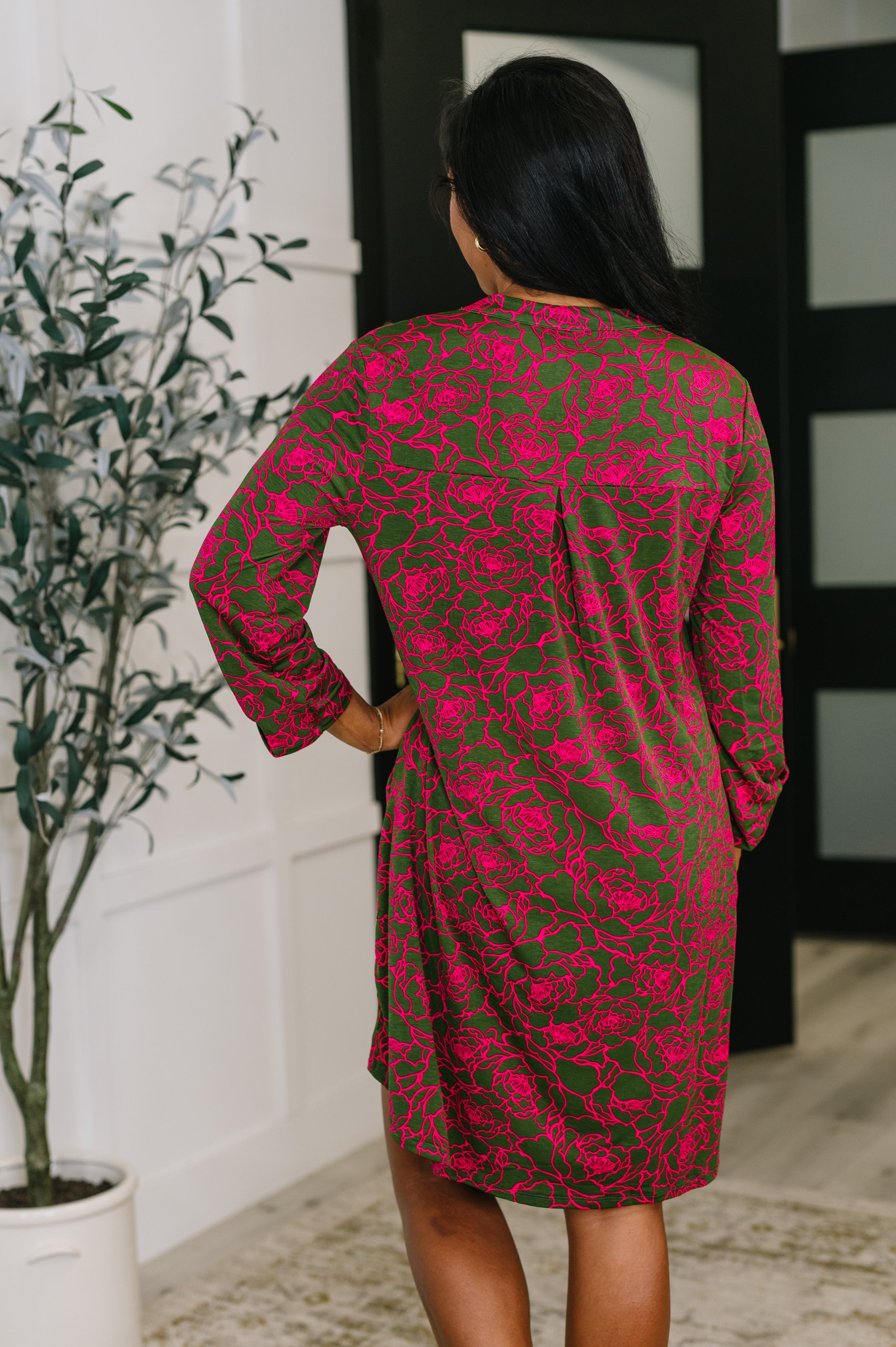 Dear Scarlett Lizzy Long Sleeve Dress in Pink and Olive Abstract Floral Womens