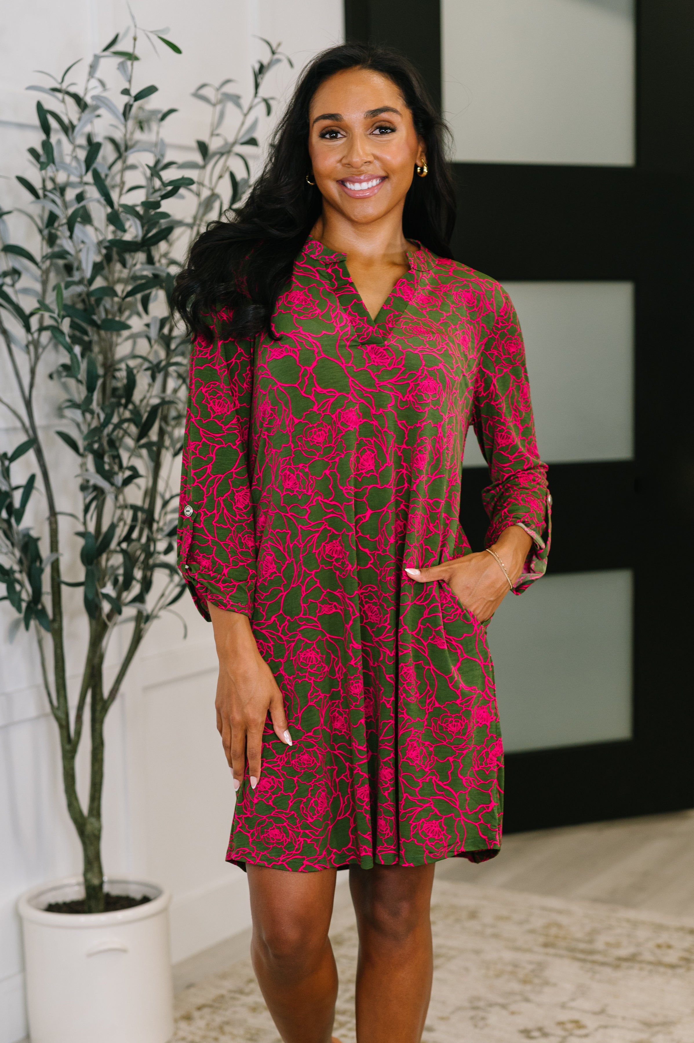 Dear Scarlett Lizzy Long Sleeve Dress in Pink and Olive Abstract Floral Womens