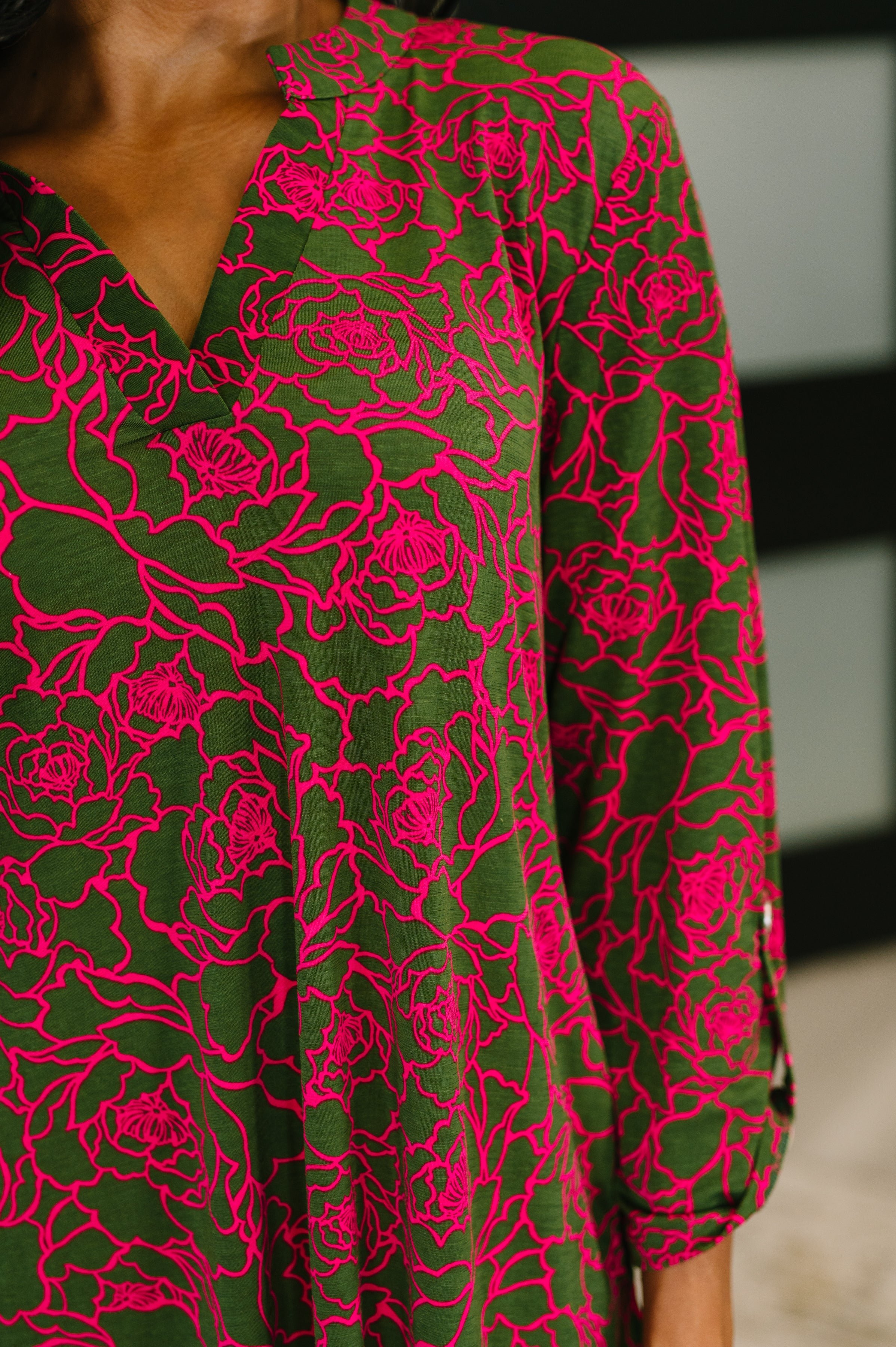Dear Scarlett Lizzy Long Sleeve Dress in Pink and Olive Abstract Floral Womens