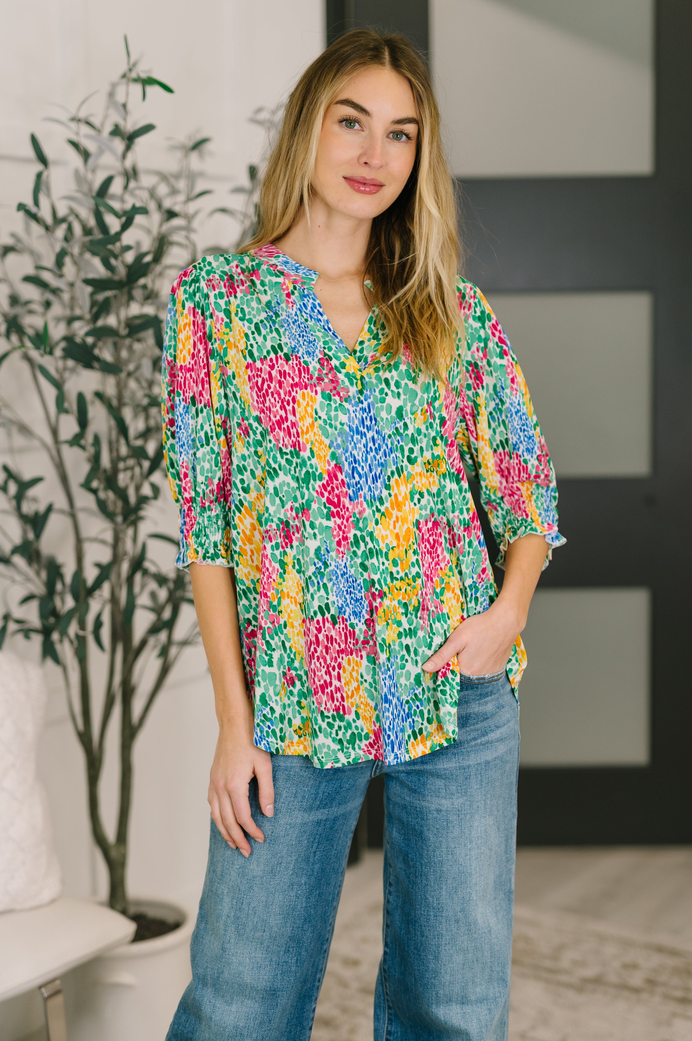 Dear Scarlett Lizzy Smock Top in Light Multi Painted Womens