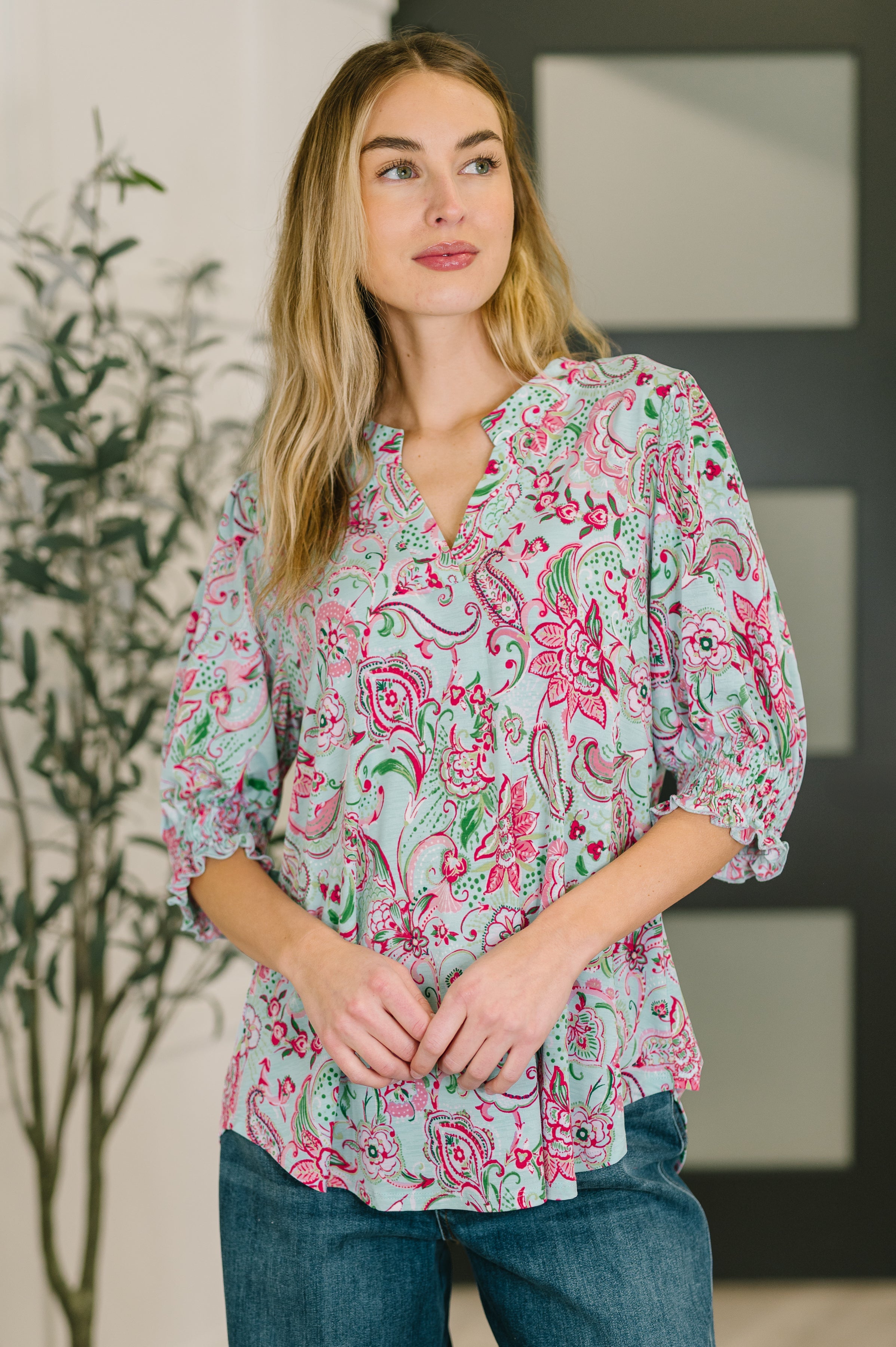 Dear Scarlett Lizzy Smock Top in Mint and Pink Floral Paisley