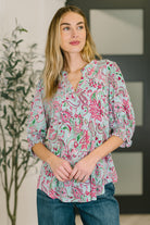 Dear Scarlett Lizzy Smock Top in Mint and Pink Floral Paisley Womens