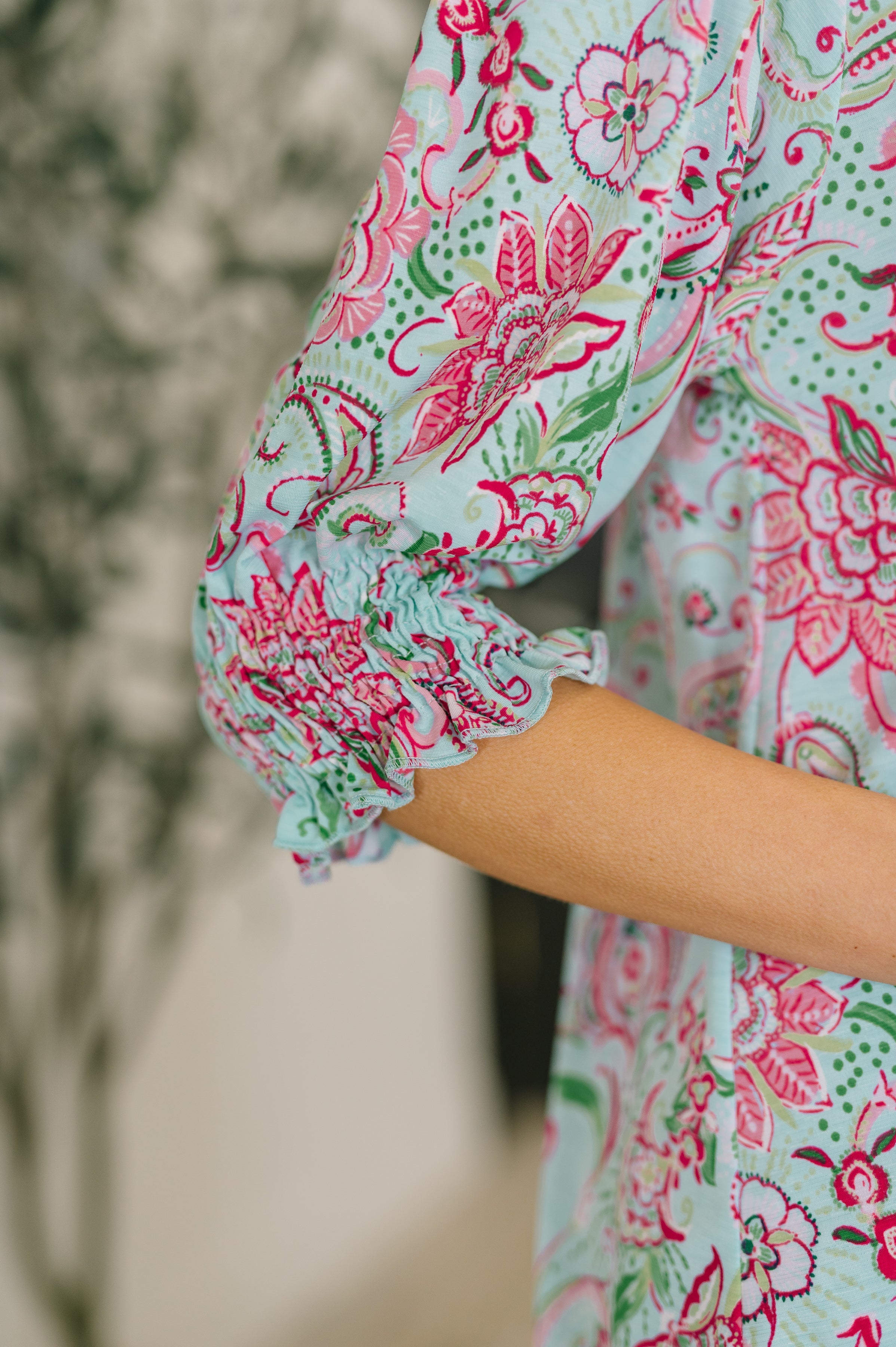 Dear Scarlett Lizzy Smock Top in Mint and Pink Floral Paisley Womens