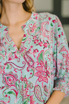 Dear Scarlett Lizzy Smock Top in Mint and Pink Floral Paisley Womens