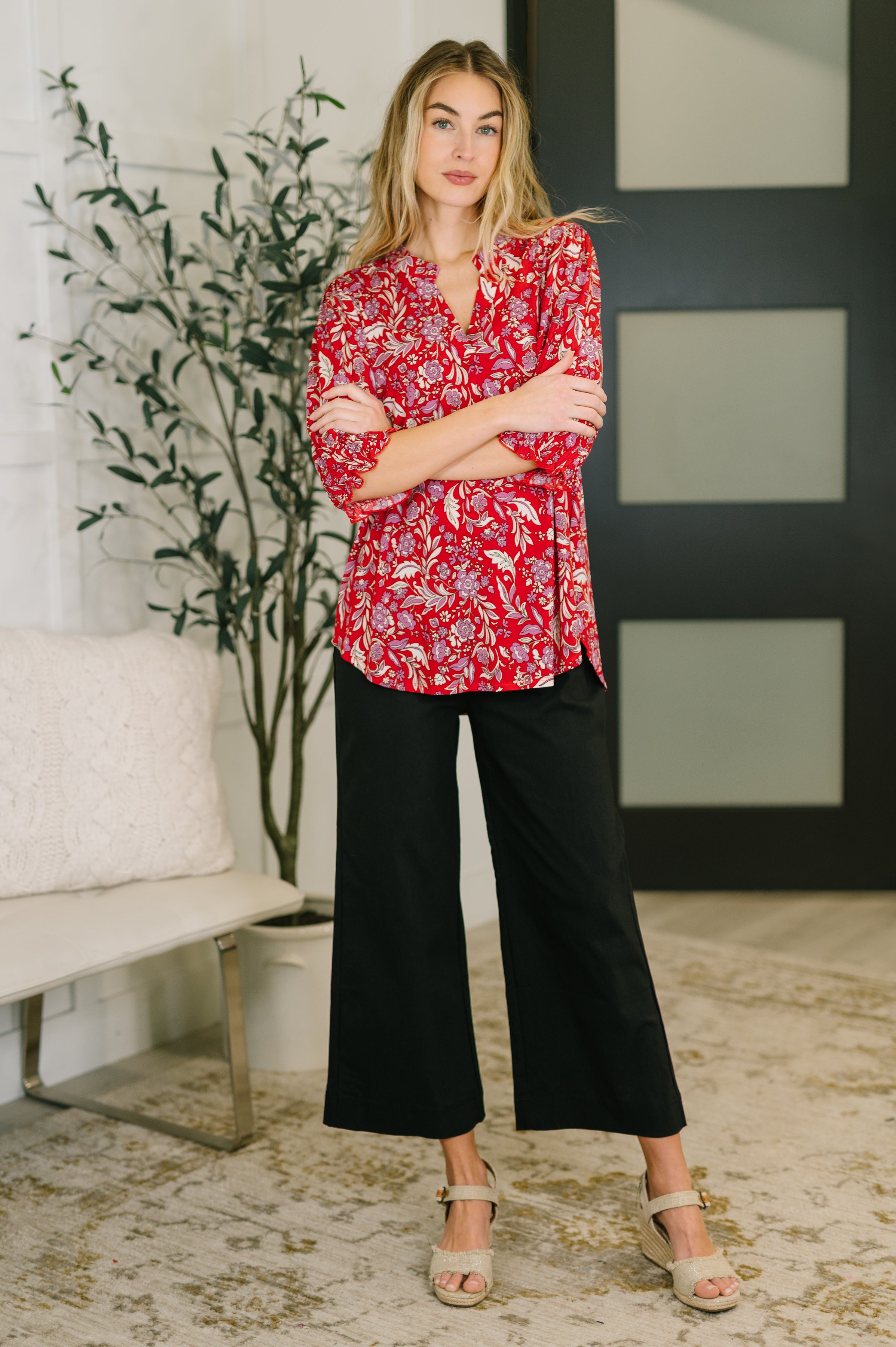 Dear Scarlett Lizzy Smock Top in Red and Pink Floral Womens