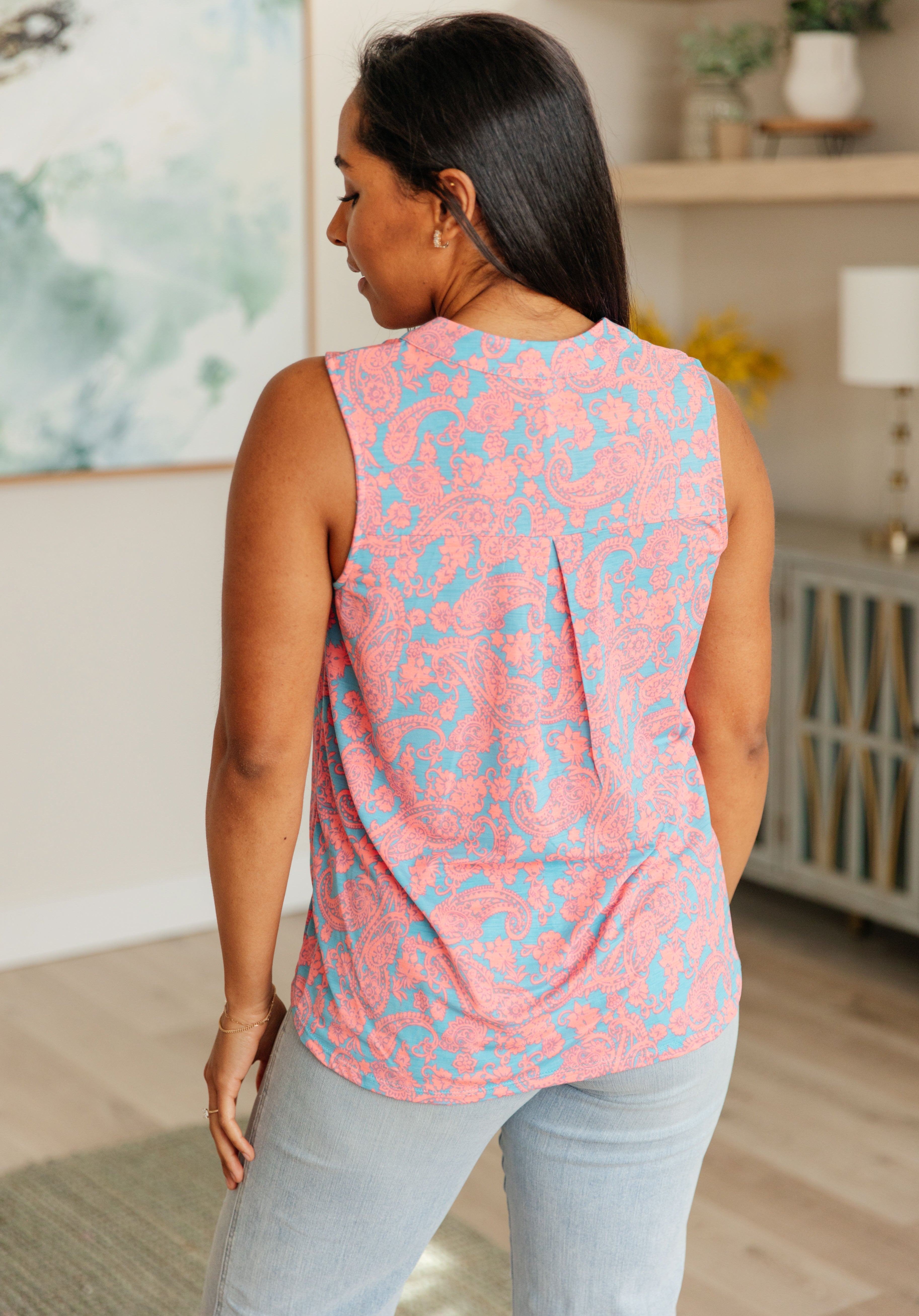 Dear Scarlett Lizzy Tank Top in Blue and Apricot Paisley Ave Shops