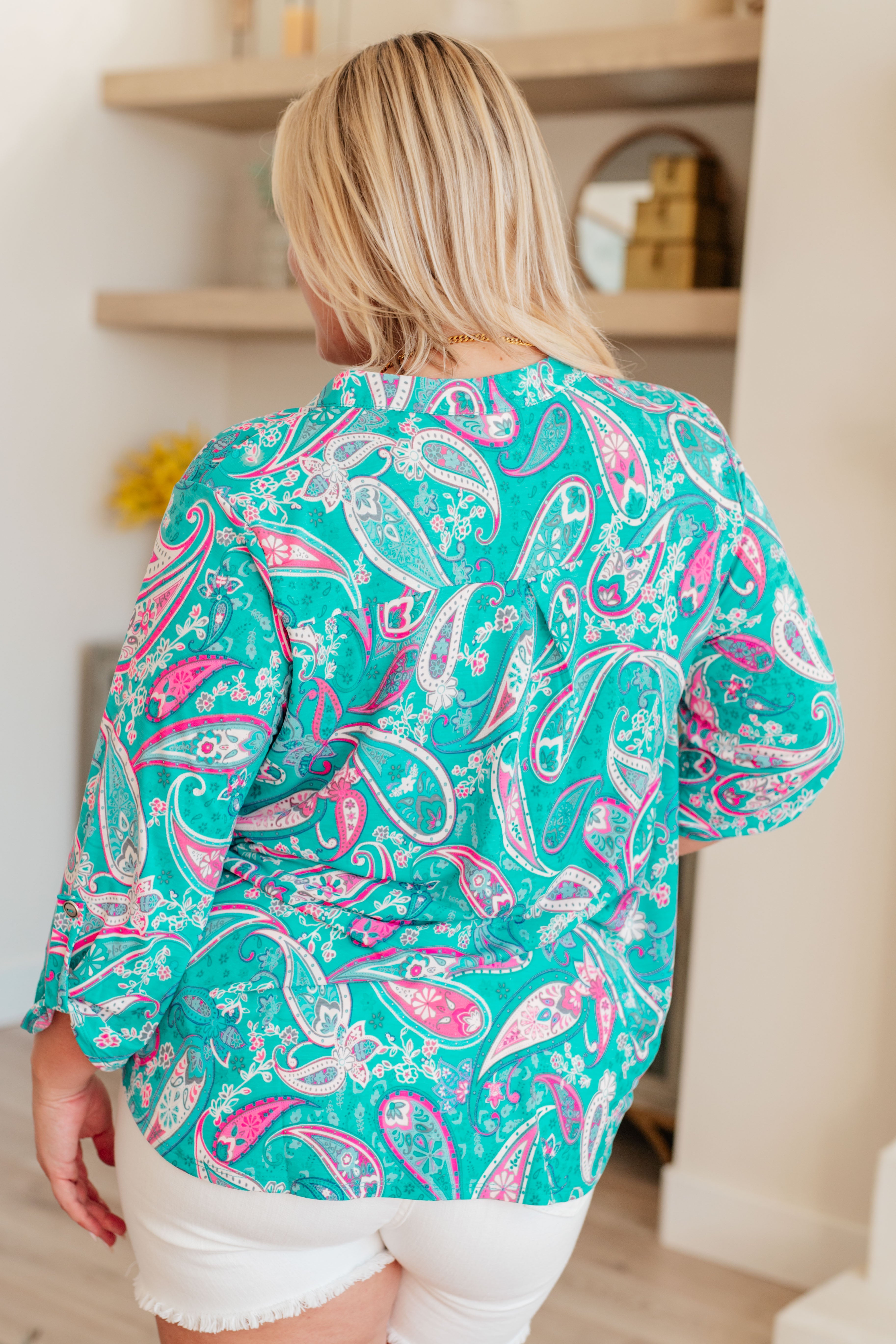Dear Scarlett Lizzy Top in Aqua and Pink Paisley Ave Shops