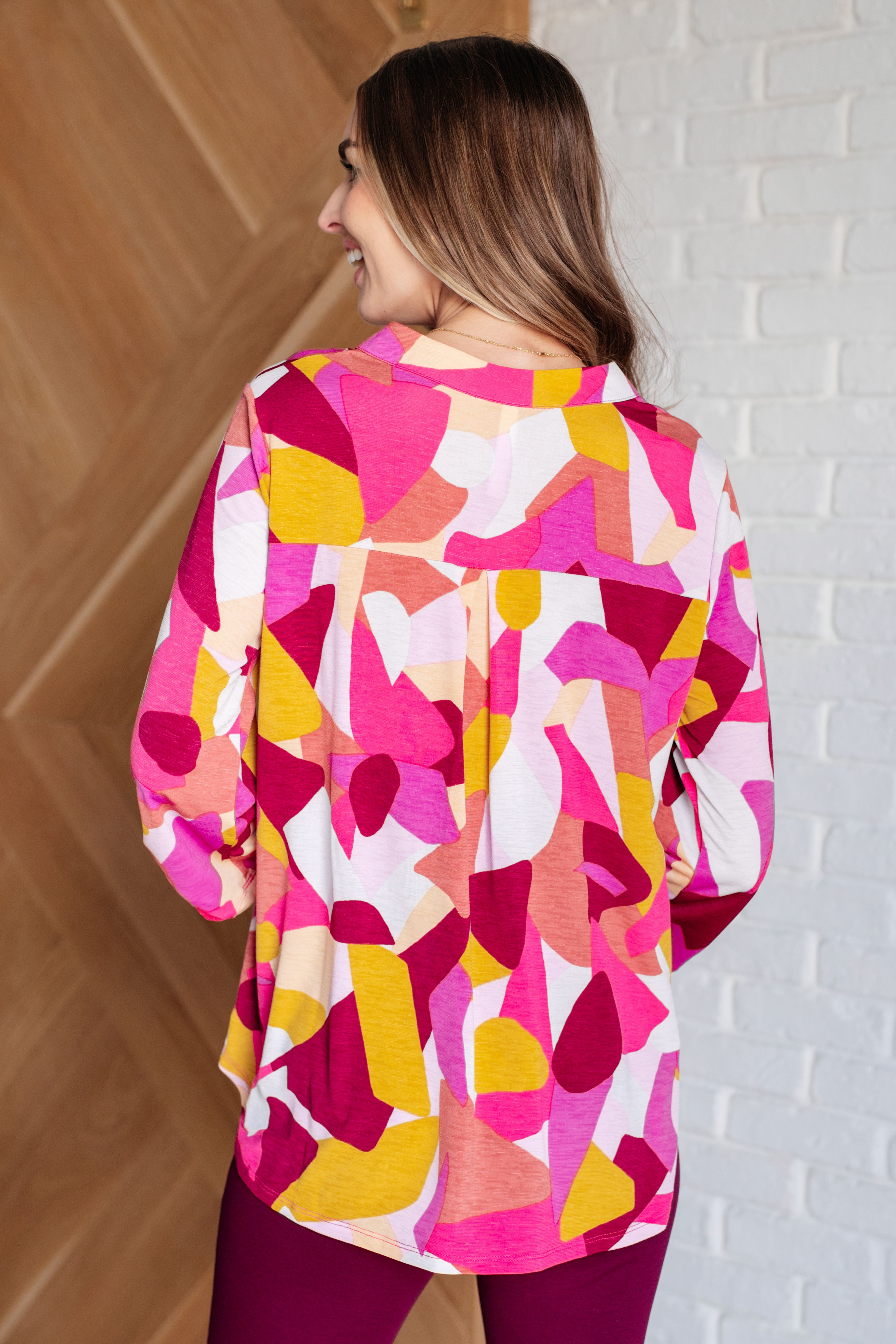 Dear Scarlett Lizzy Top in Magenta and Mustard Abstract Ave Shops