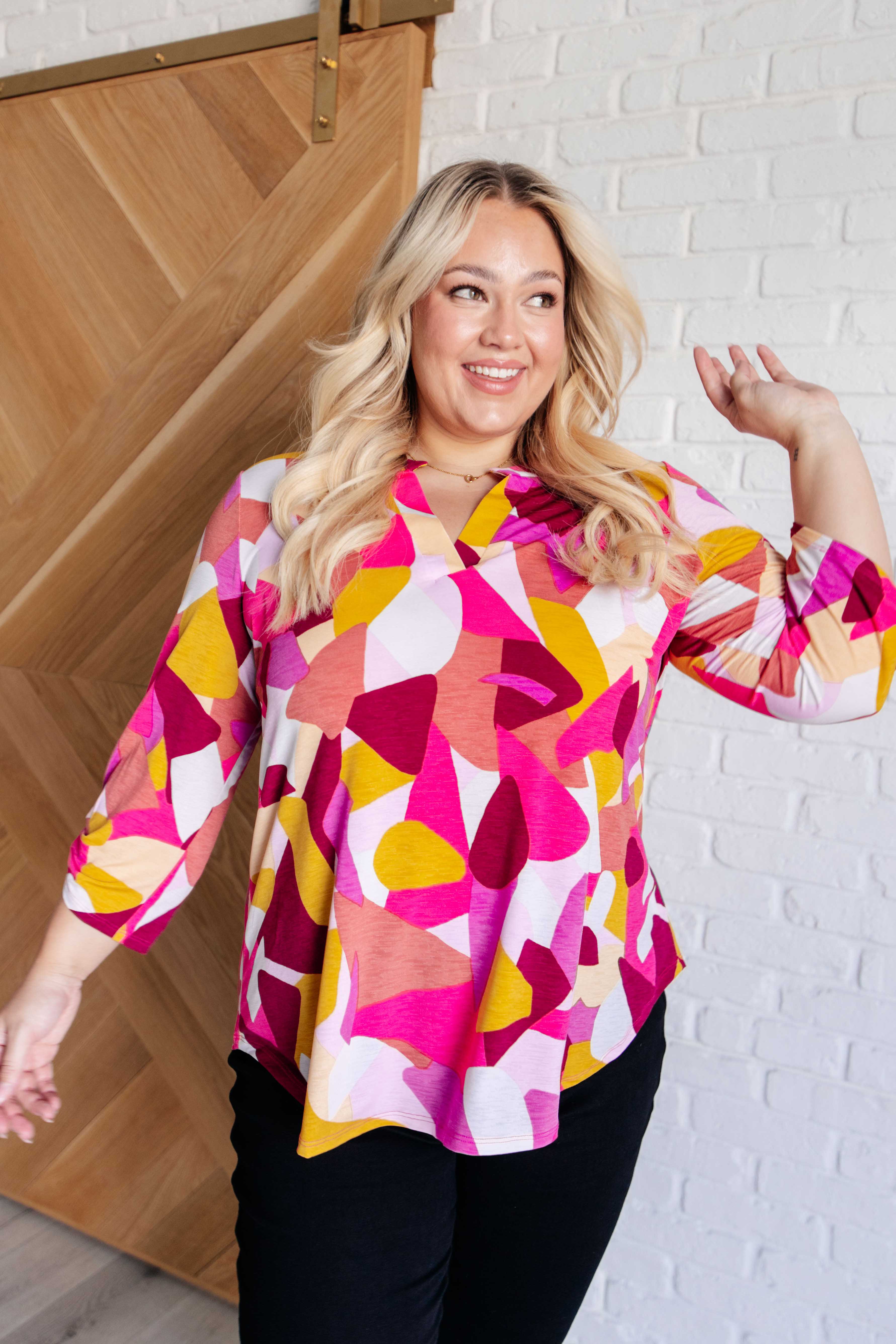 Dear Scarlett Lizzy Top in Magenta and Mustard Abstract Ave Shops